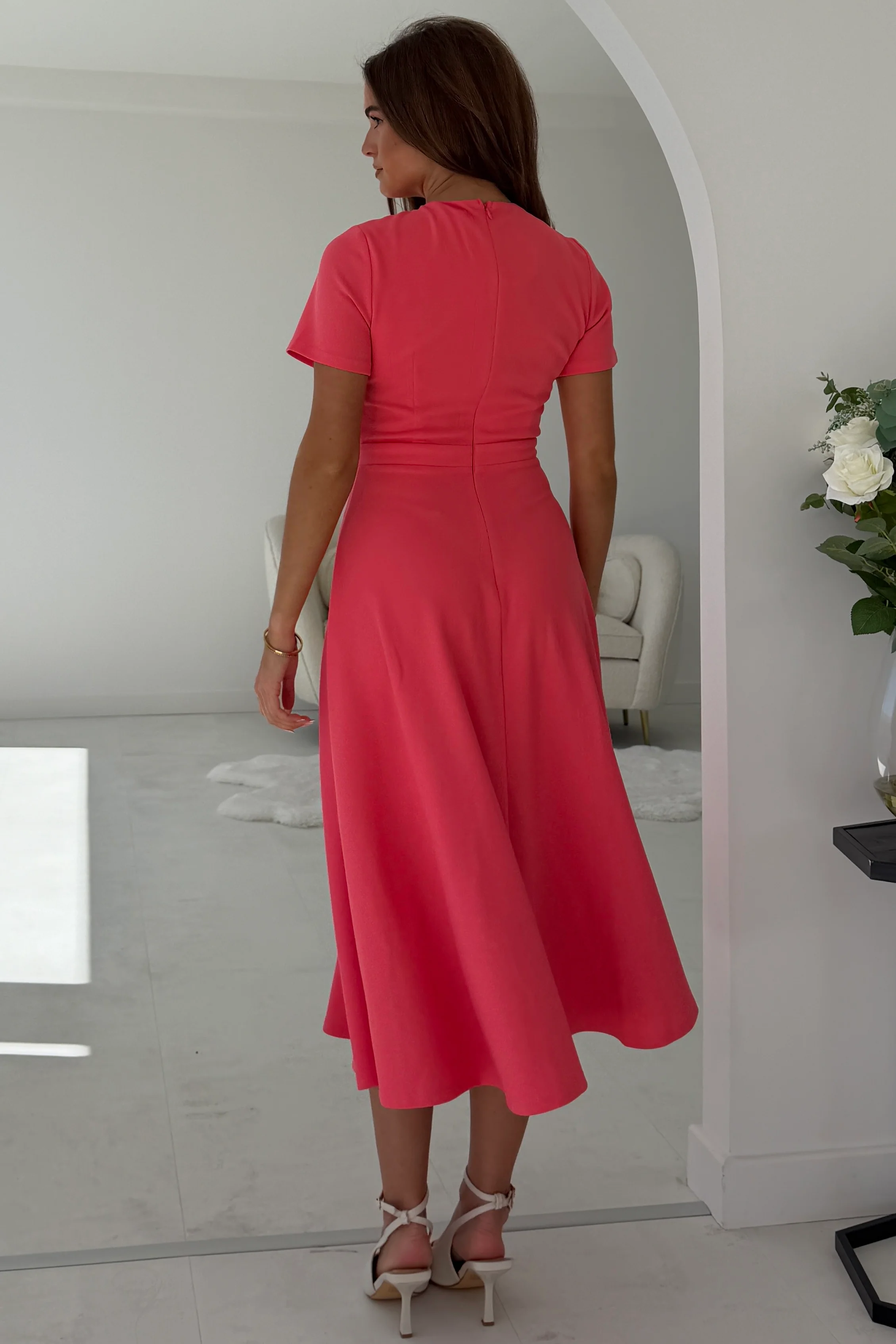 Minta Bow Detail Short Sleeve Midi Dress Coral - Image 5