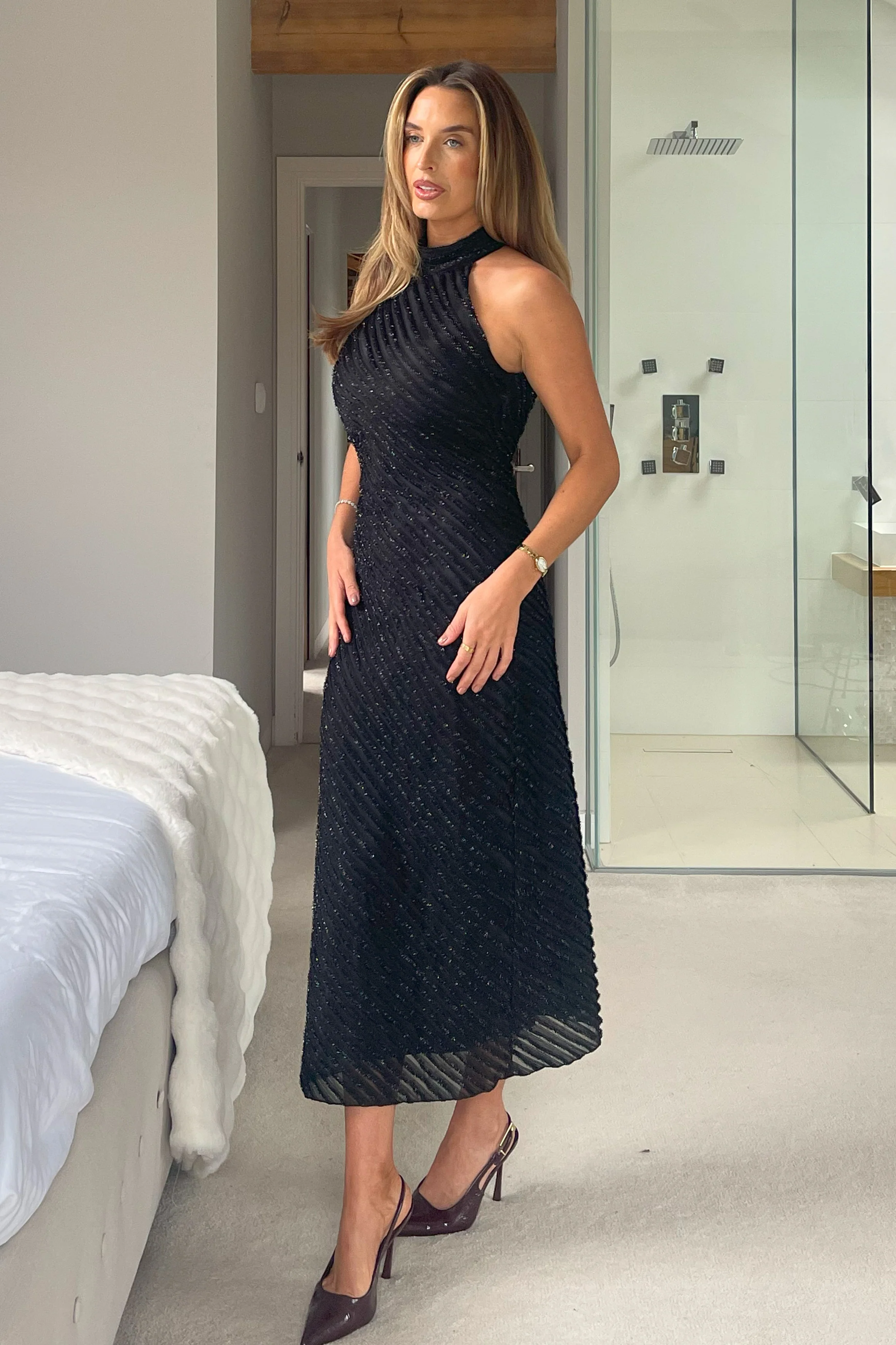 Mira Halterneck Shimmer Midi Dress Black - Image 5