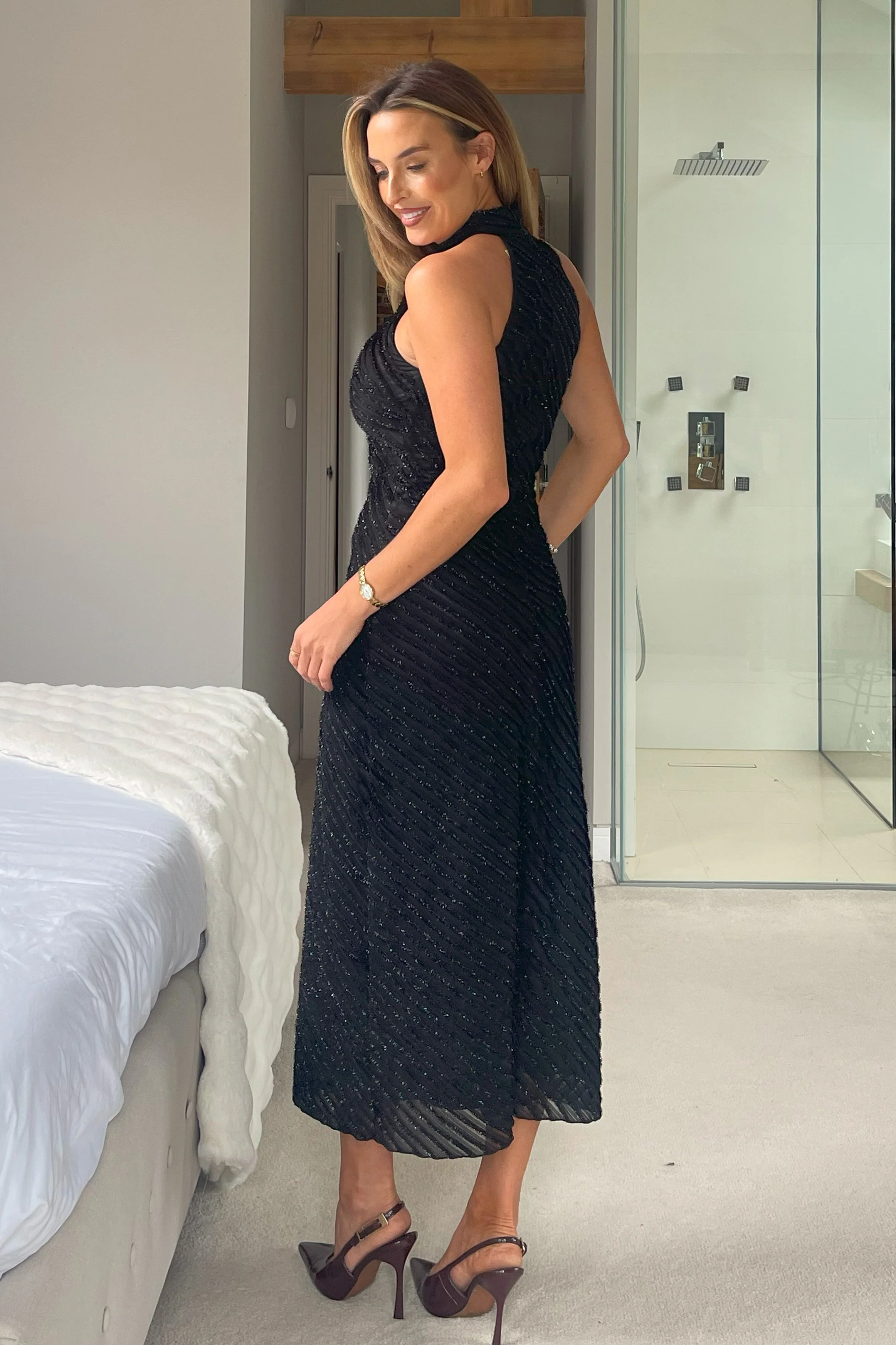 Mira Halterneck Shimmer Midi Dress Black - Image 6