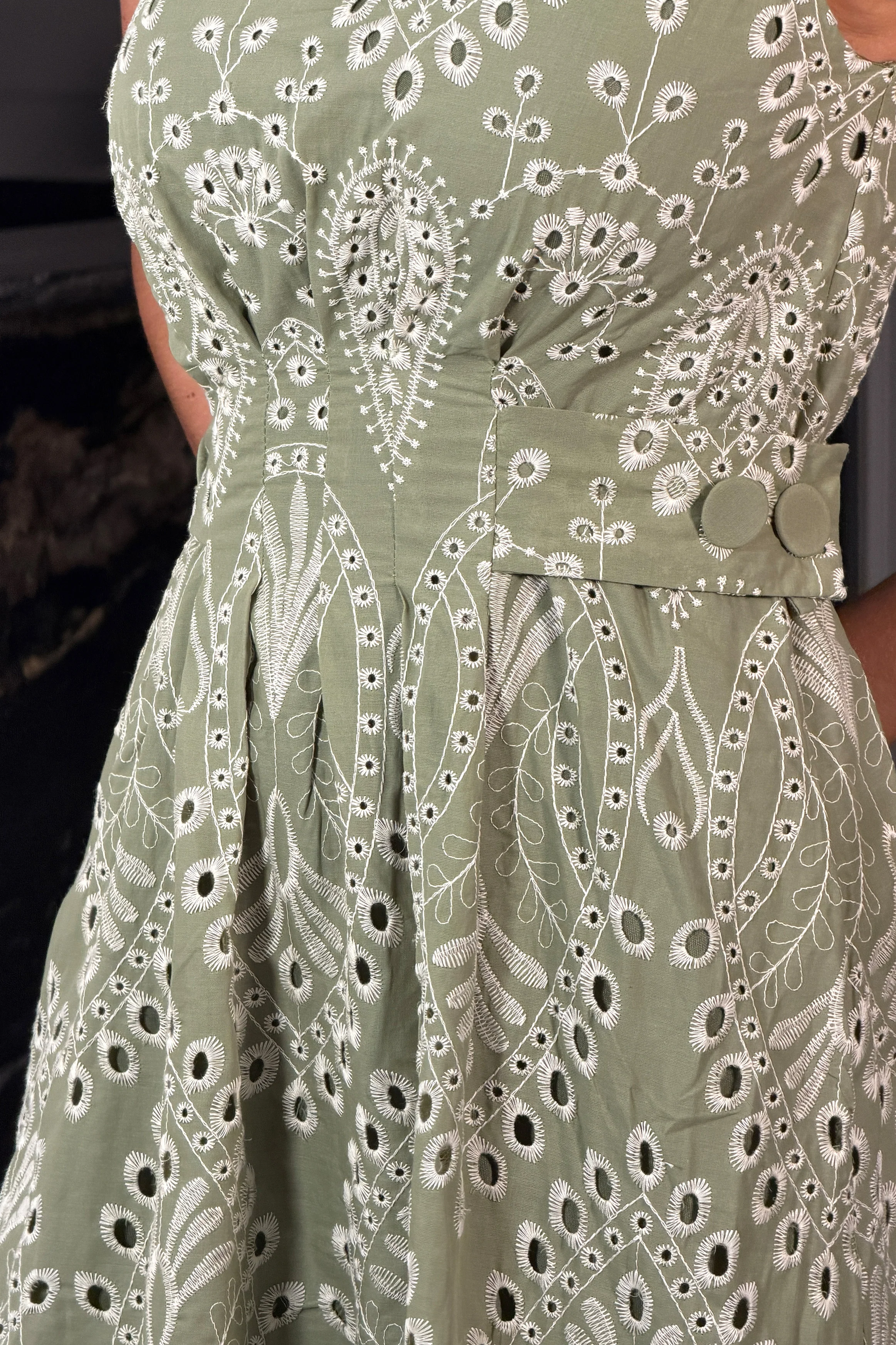 Monroe Adjustable Waist Midi Sundress In Green Broidery - Image 4