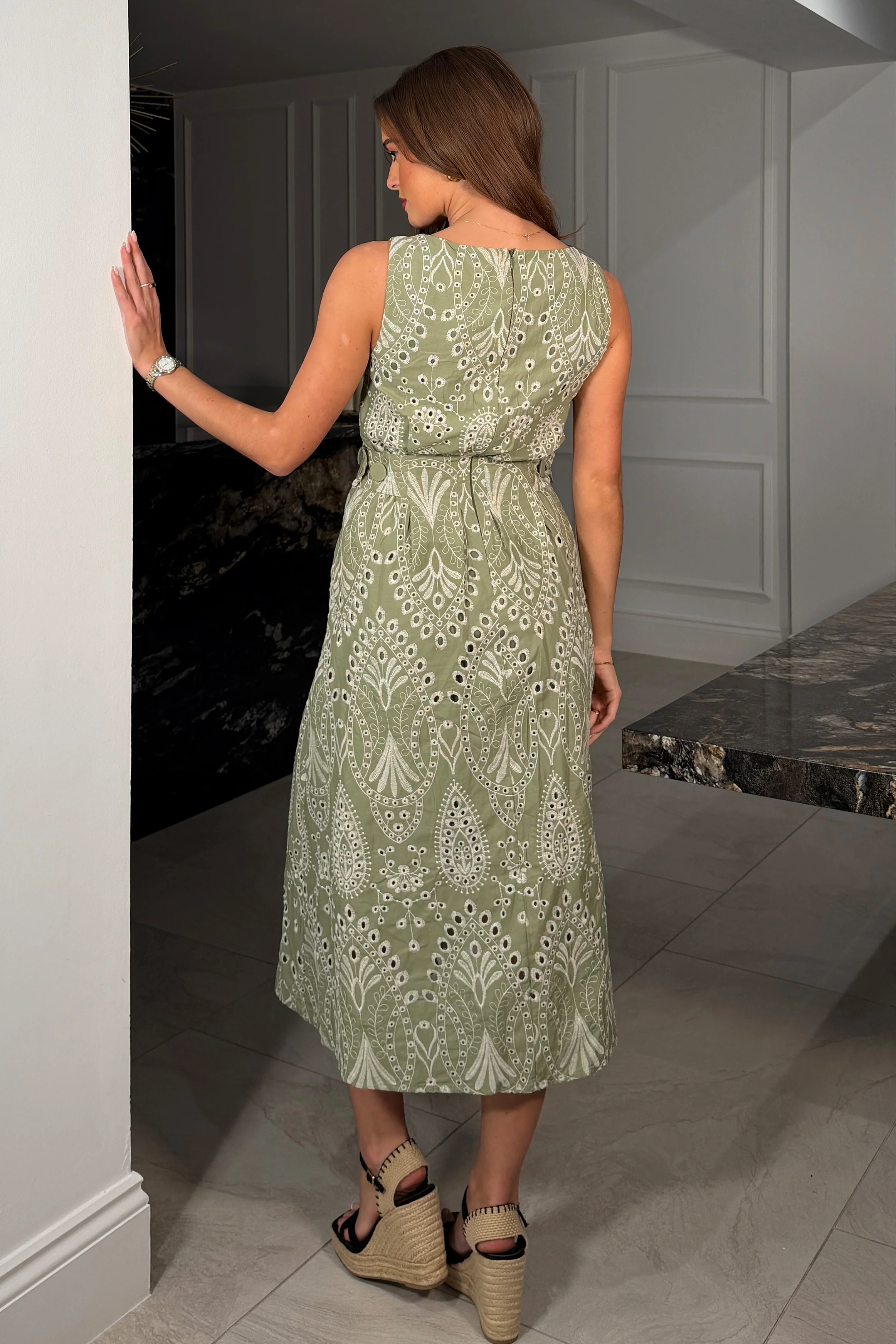Monroe Adjustable Waist Midi Sundress In Green Broidery - Image 6