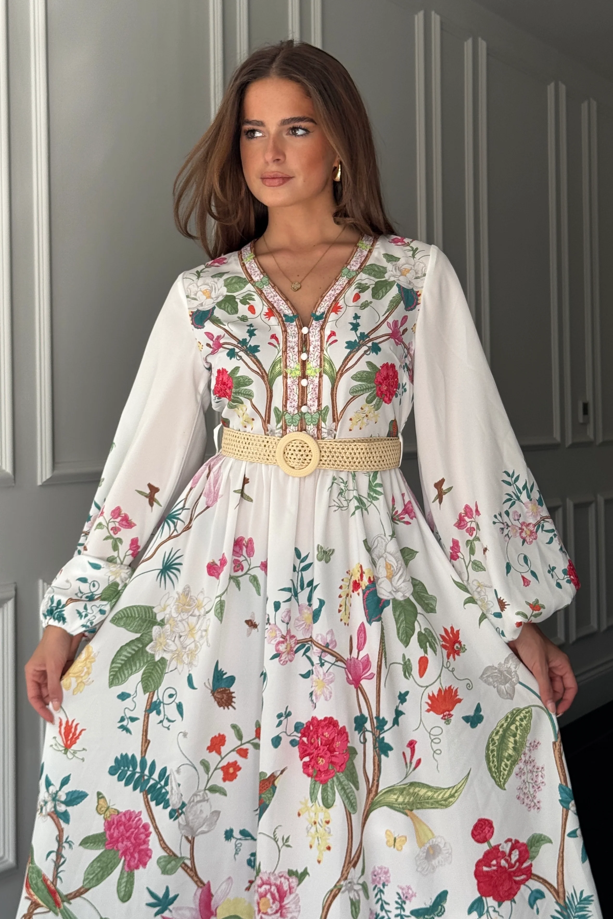 Moxie Long Sleeve V Neck Midi Dress Floral - Image 2