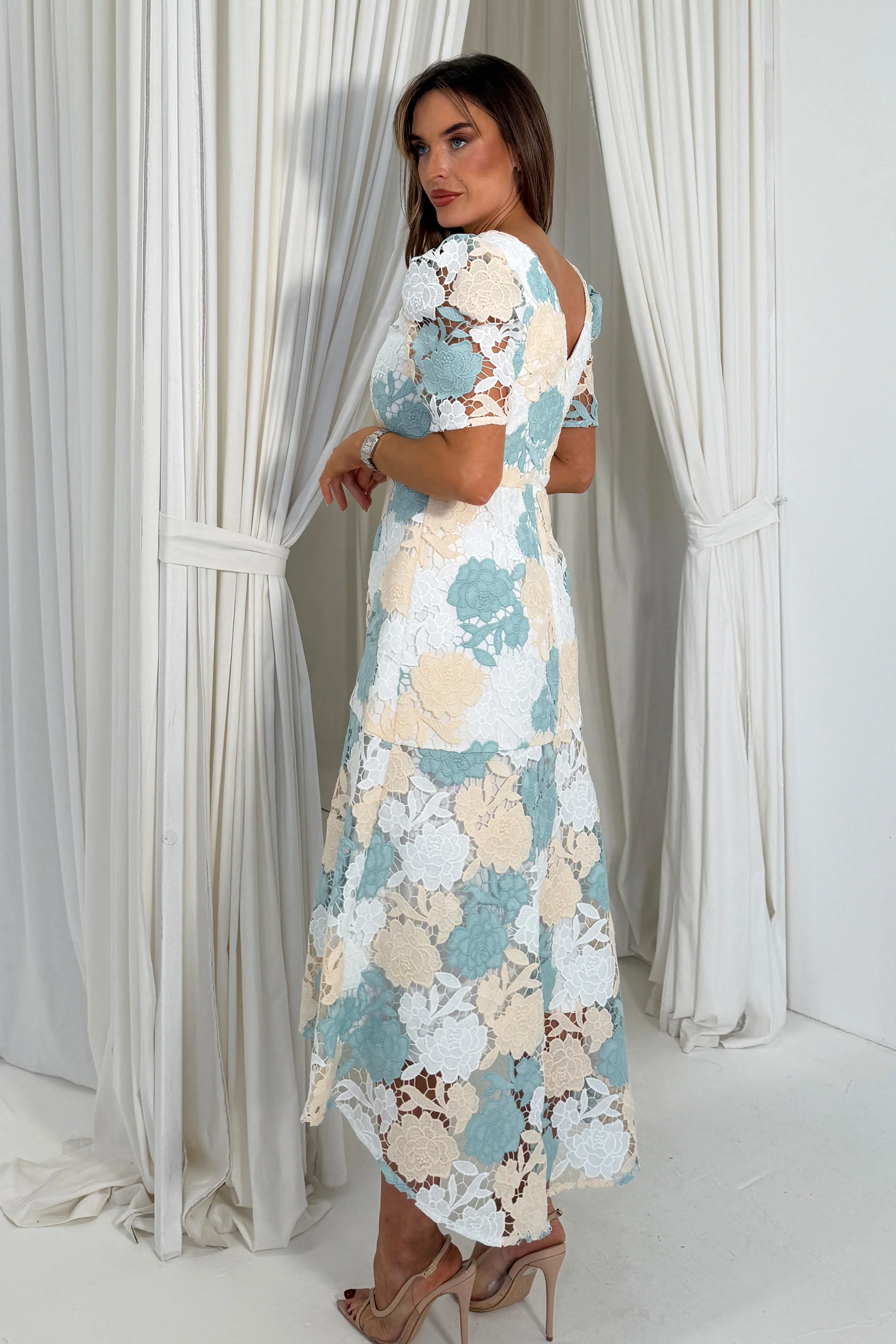 Myrtle V Neck A Line Floral Pastel Lace Midi Dress - Image 5