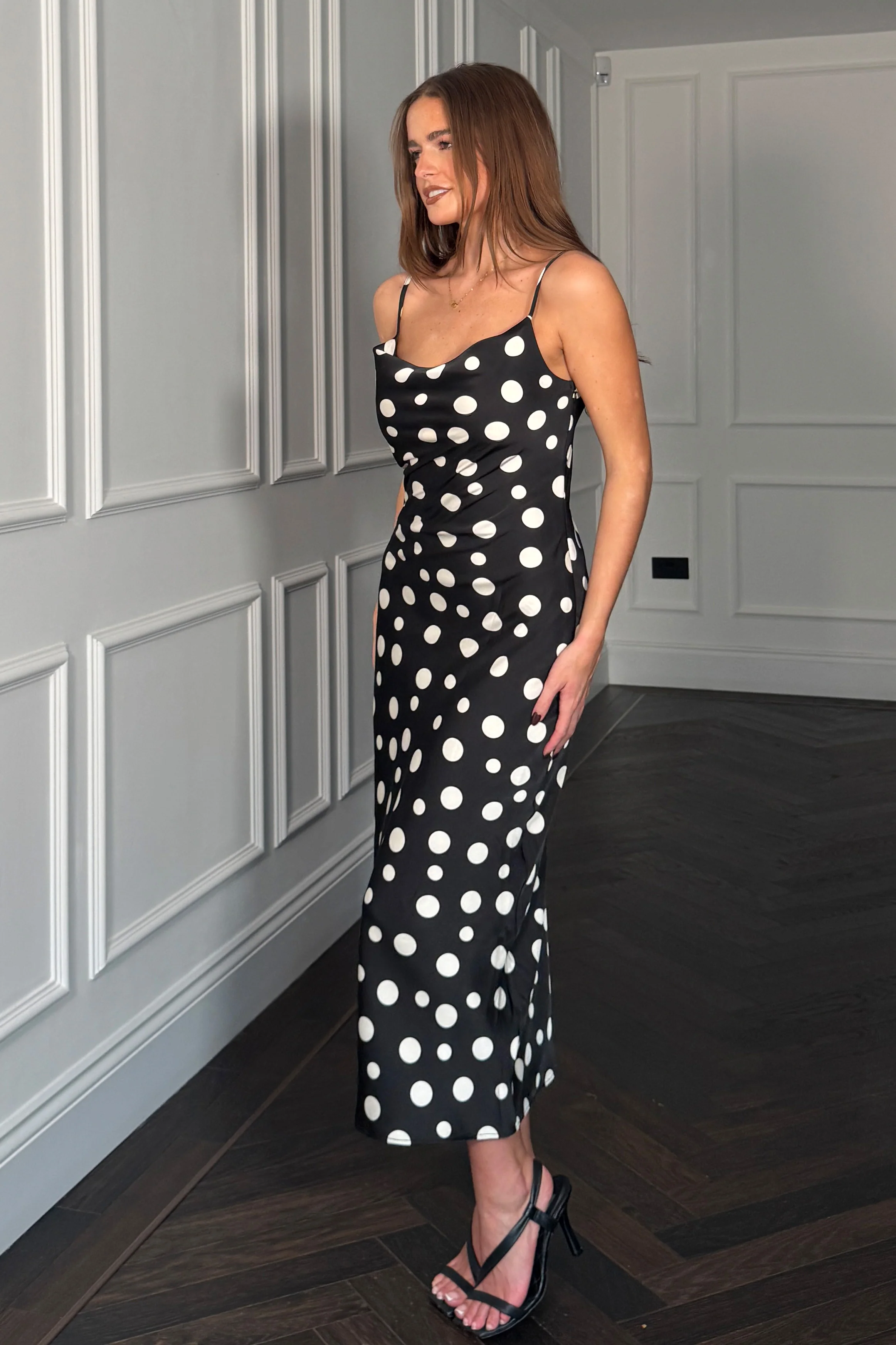 Naomi Black Polka Slip Midi Dress - Image 3