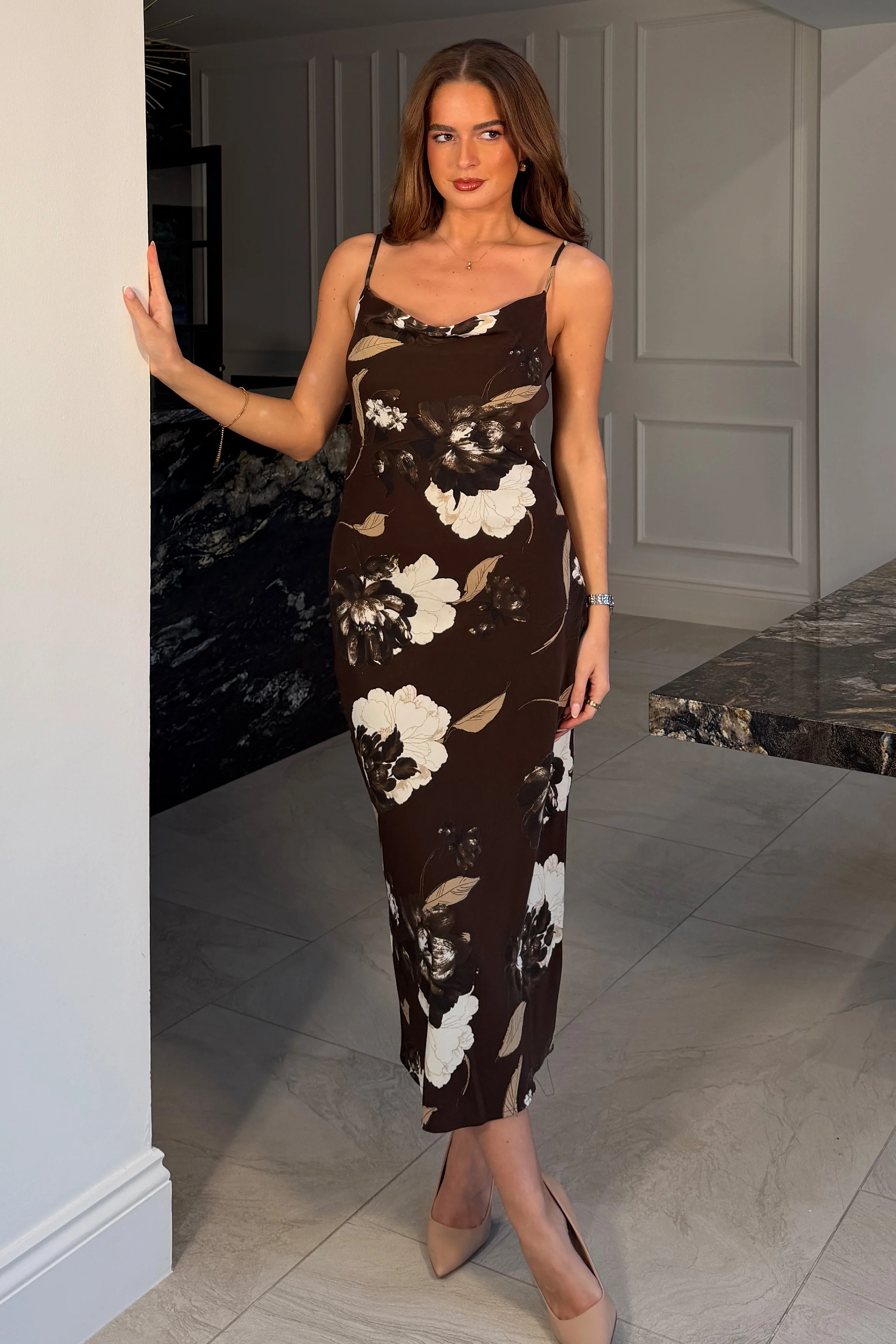 Naomi Brown Floral Slip Midi Dress