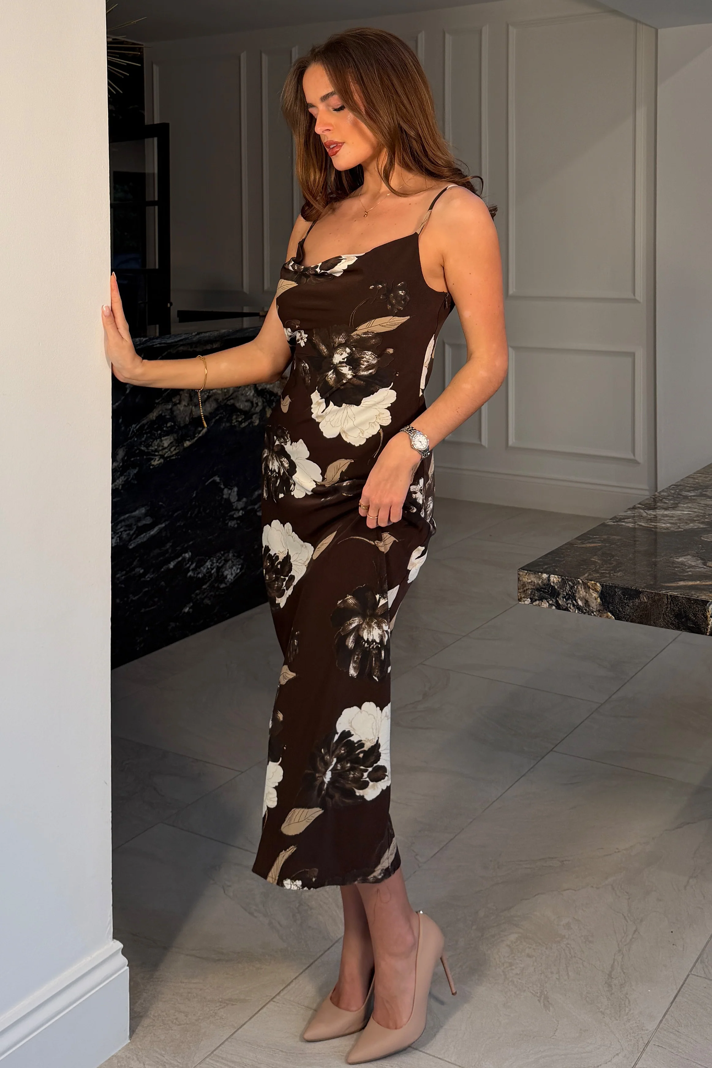 Naomi Brown Floral Slip Midi Dress - Image 3