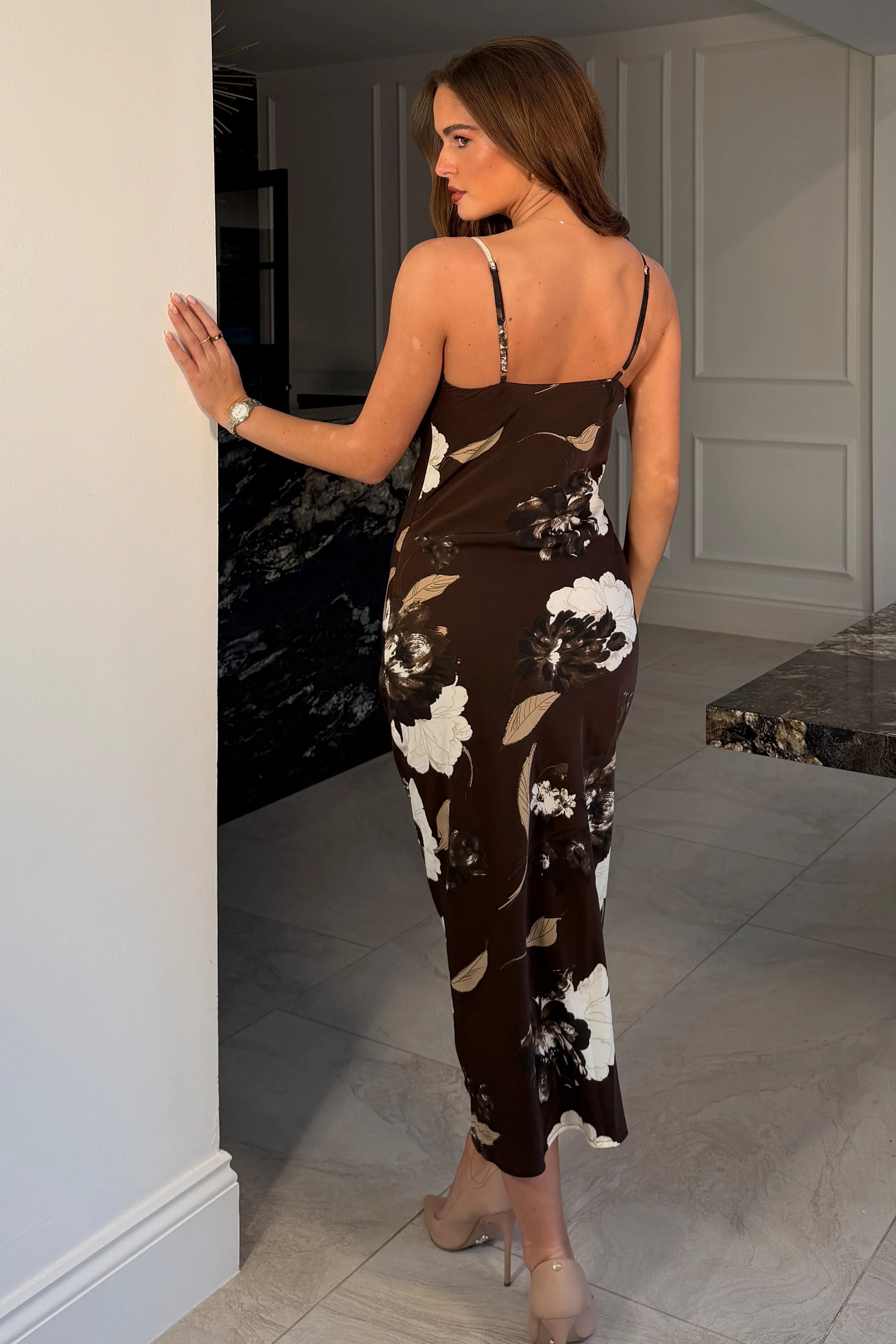Naomi Brown Floral Slip Midi Dress - Image 5
