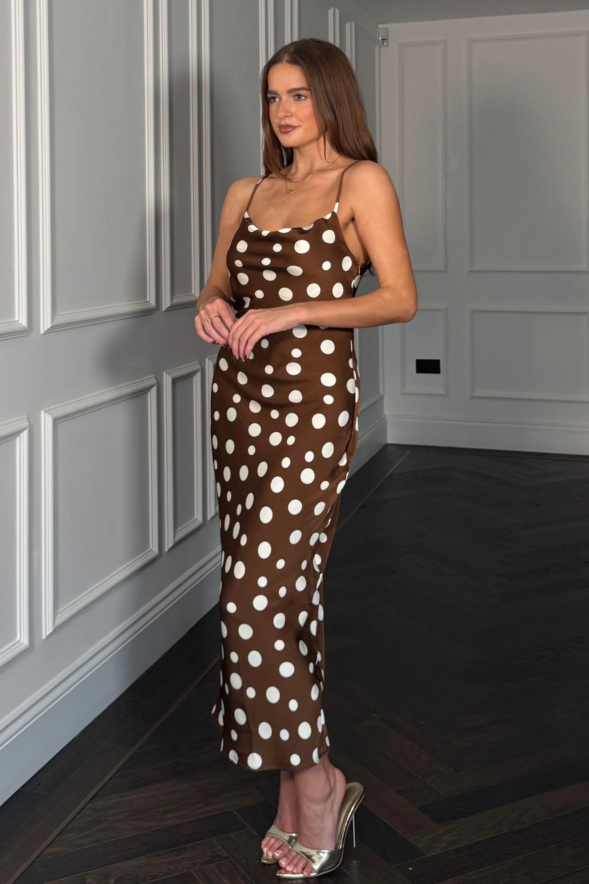 Naomi Brown Polka Slip Midi Dress - Image 3