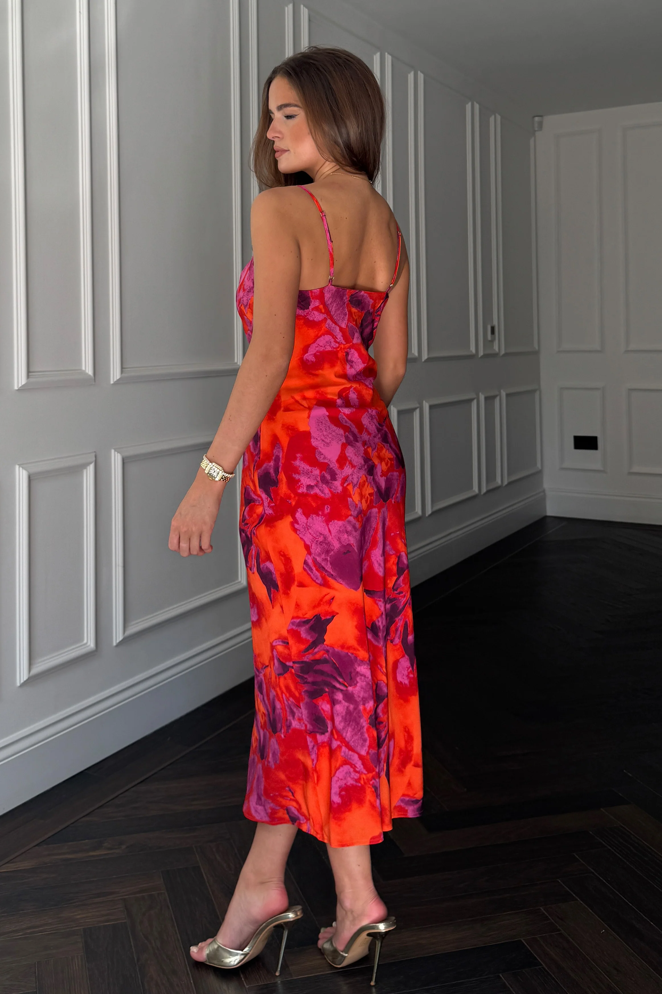 Naomi Orange Floral Slip Midi Dress - Image 4