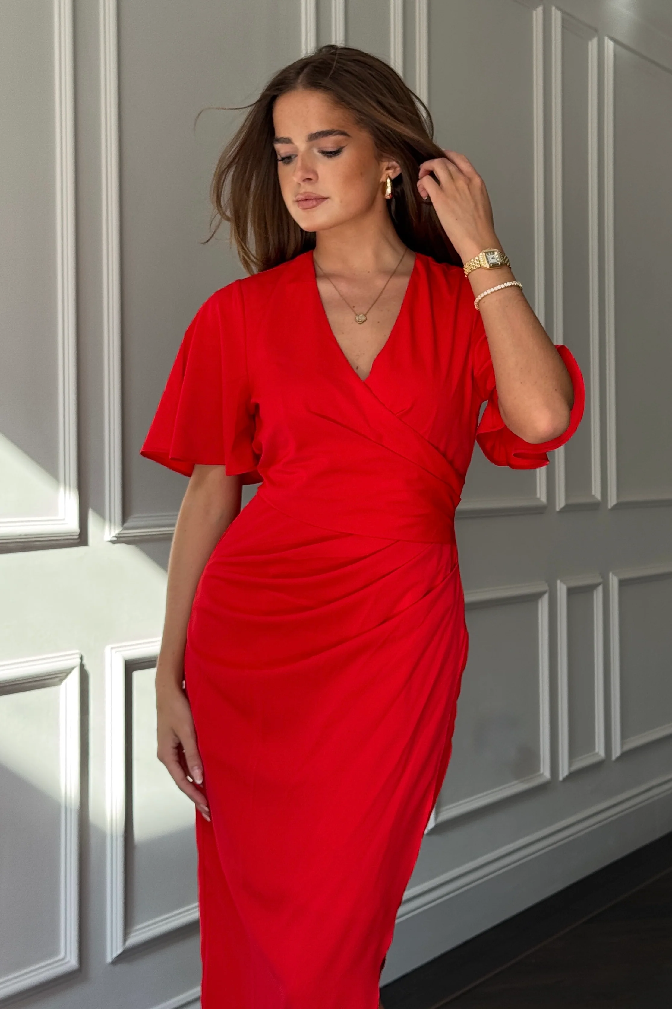 Natasha Angel Sleeve Wrap Midi Dress In Red - Image 2