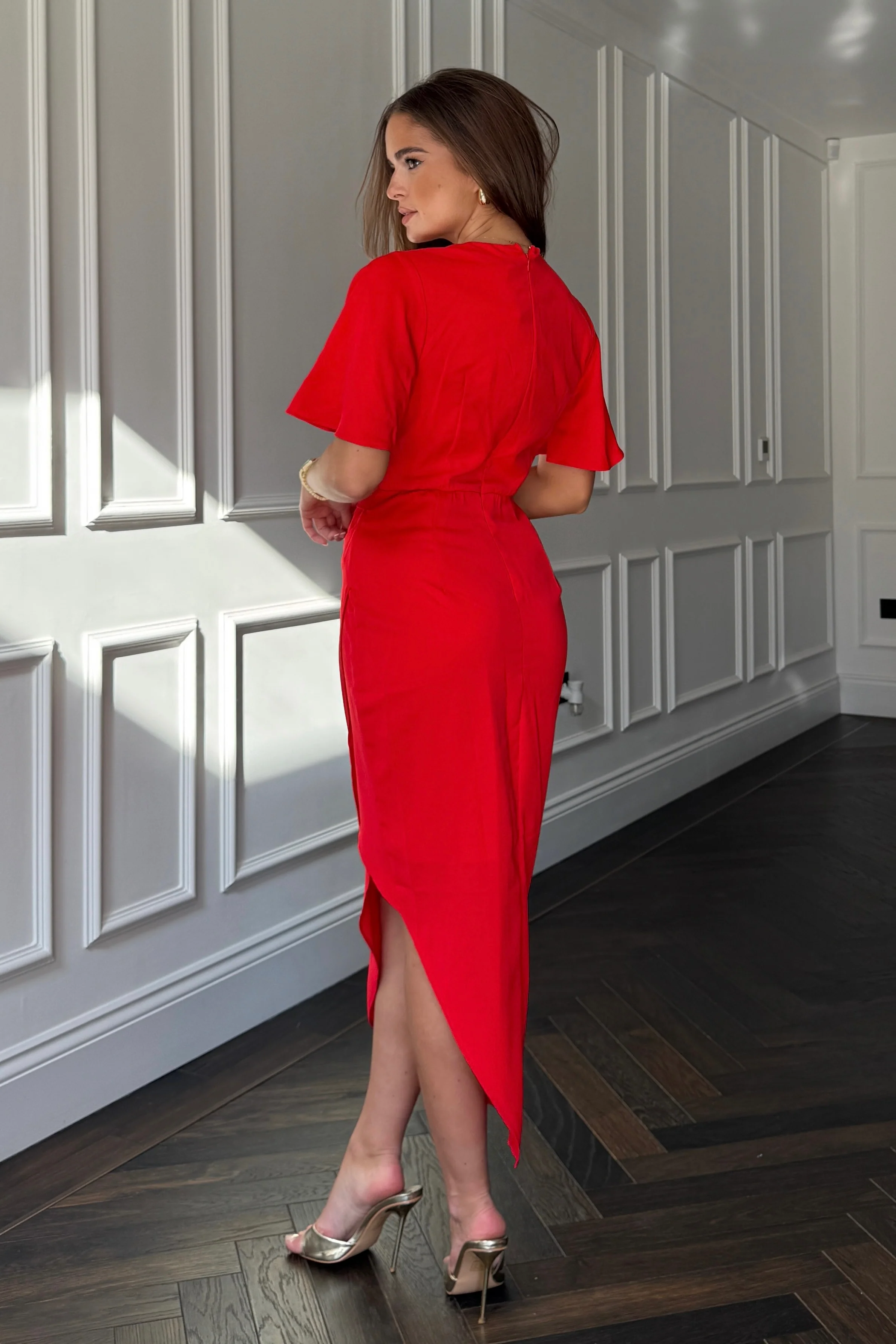 Natasha Angel Sleeve Wrap Midi Dress In Red - Image 4