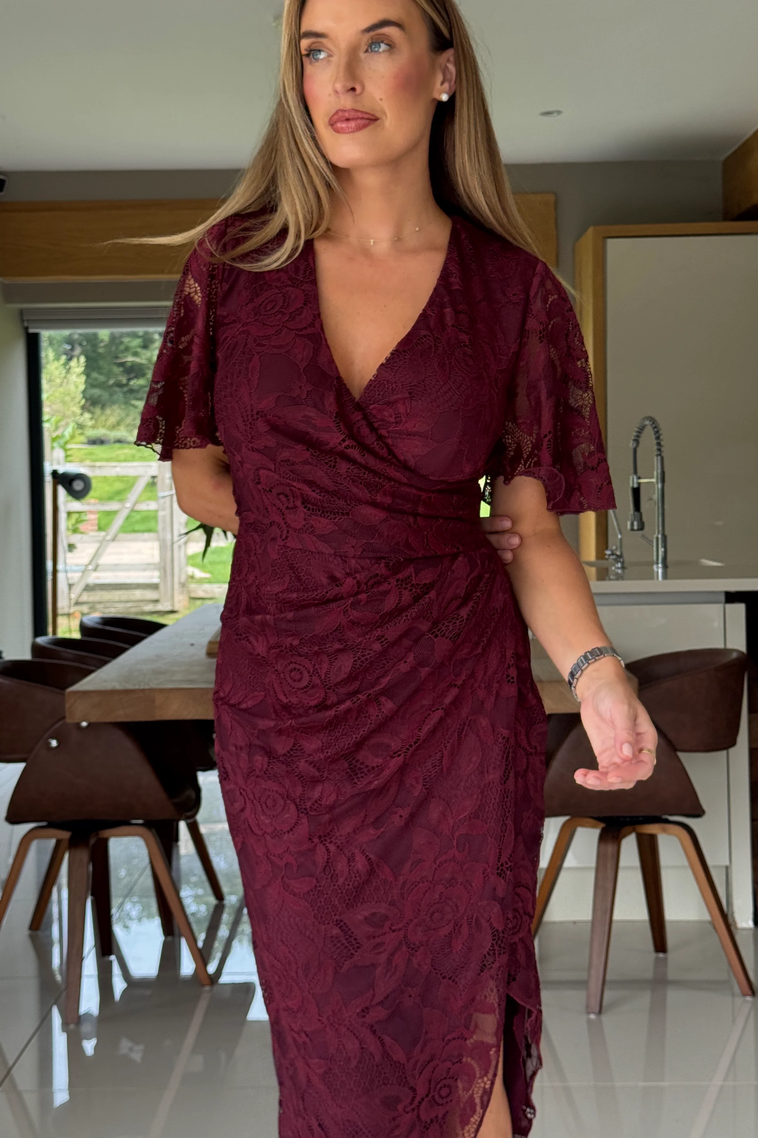 Natasha Angel Sleeve Wrap Midi Dress In Berry Lace - Image 3