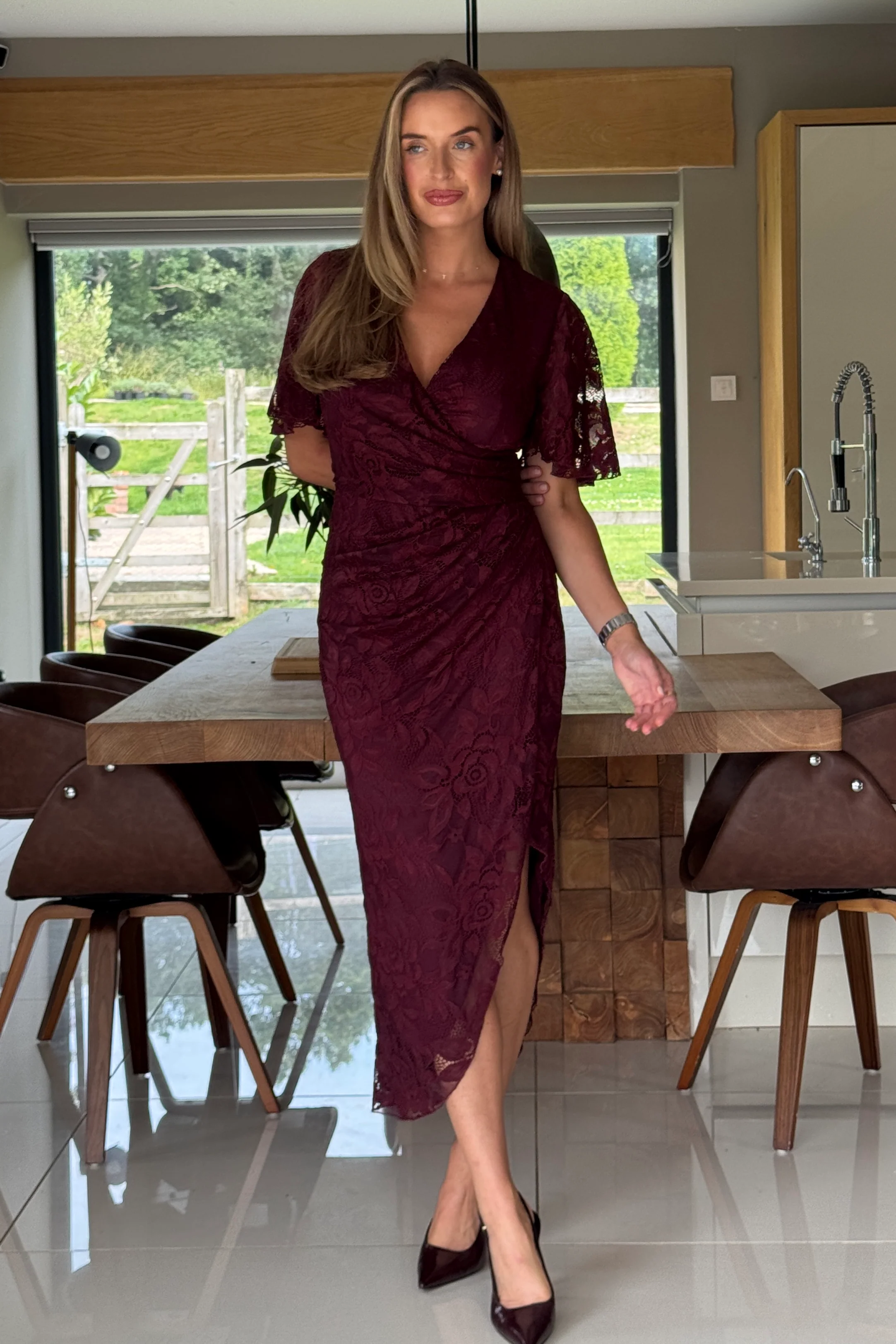 Natasha Angel Sleeve Wrap Midi Dress In Berry Lace - Image 4