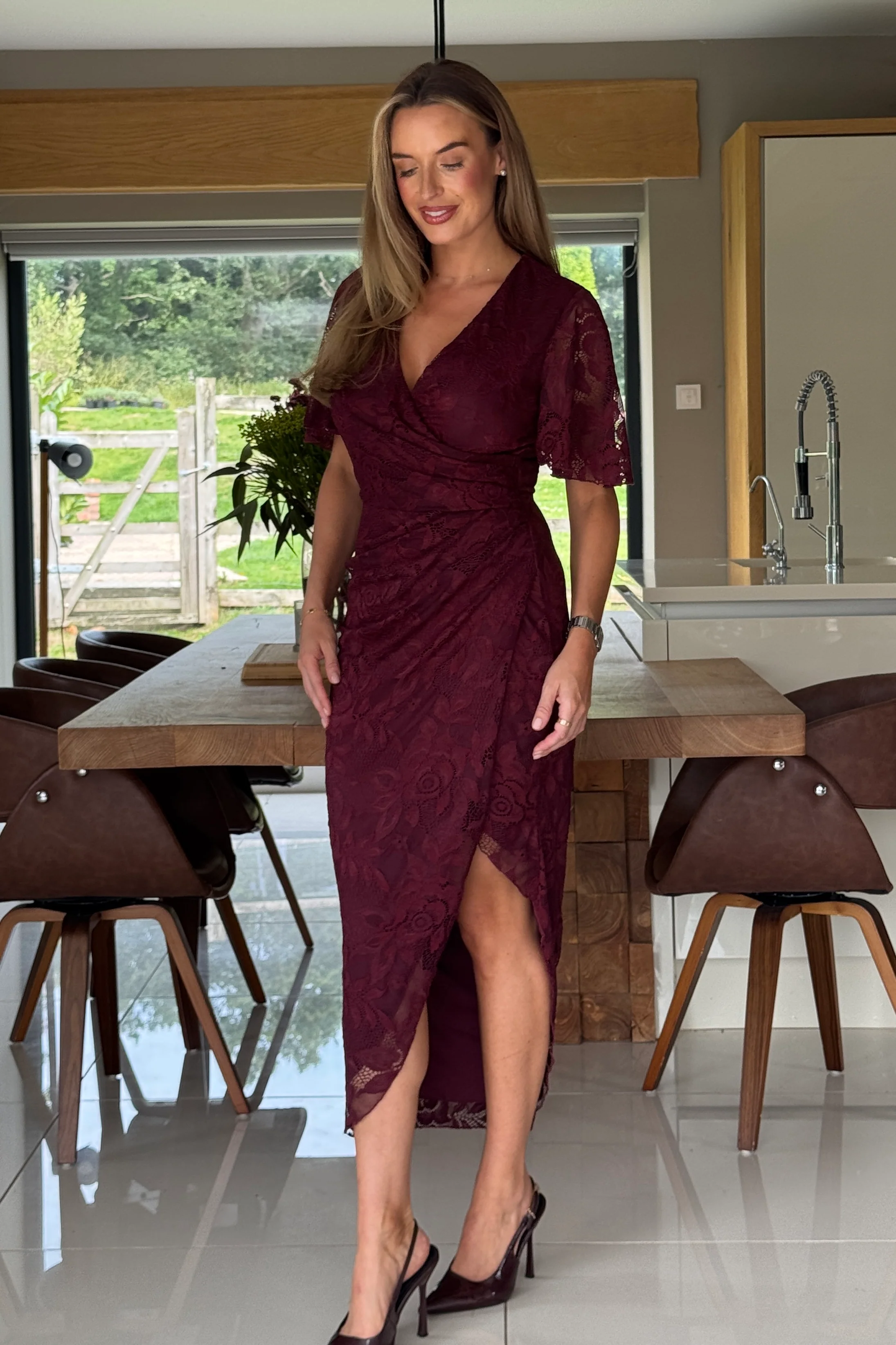 Natasha Angel Sleeve Wrap Midi Dress In Berry Lace - Image 5