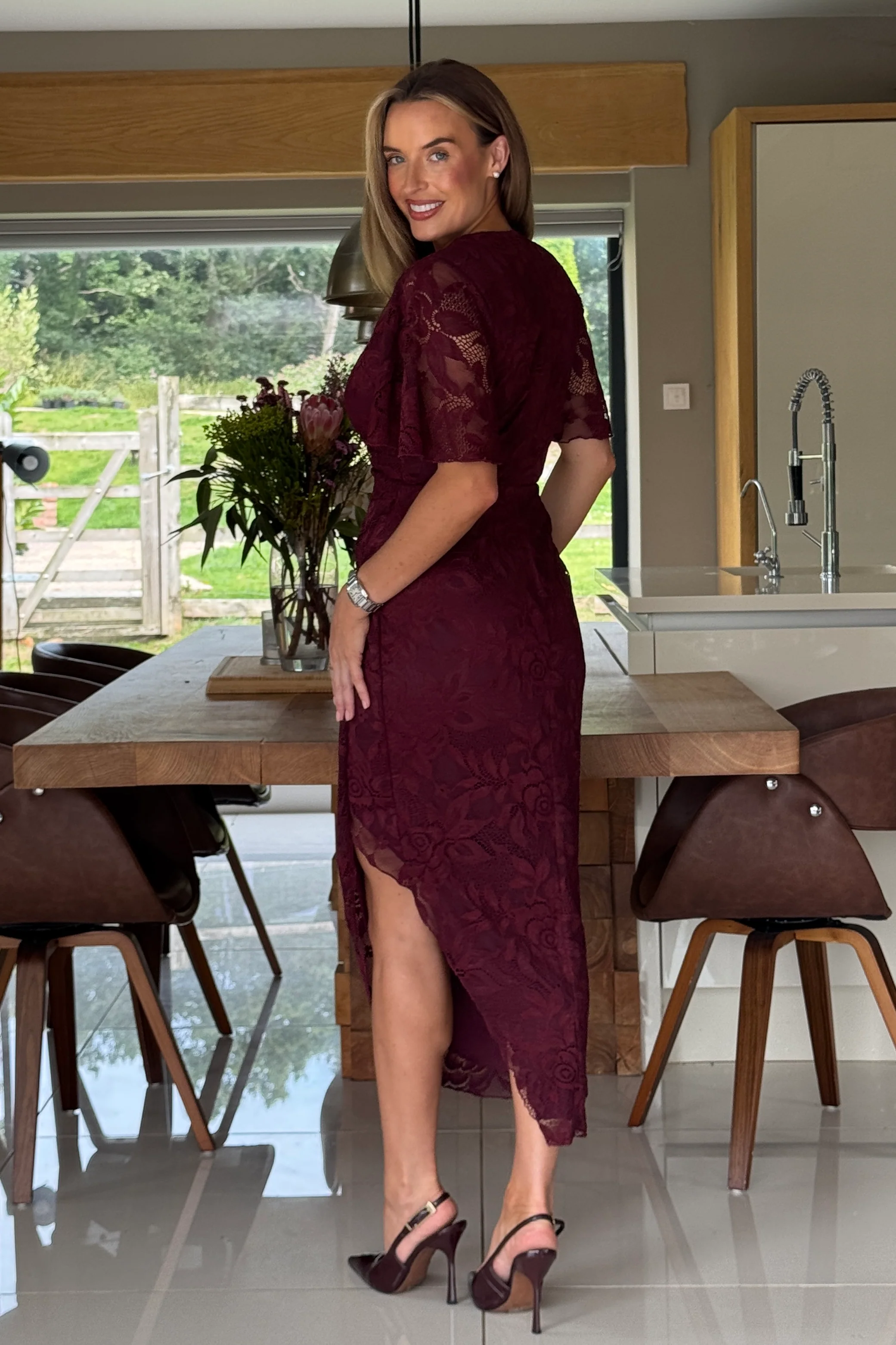 Natasha Angel Sleeve Wrap Midi Dress In Berry Lace - Image 6