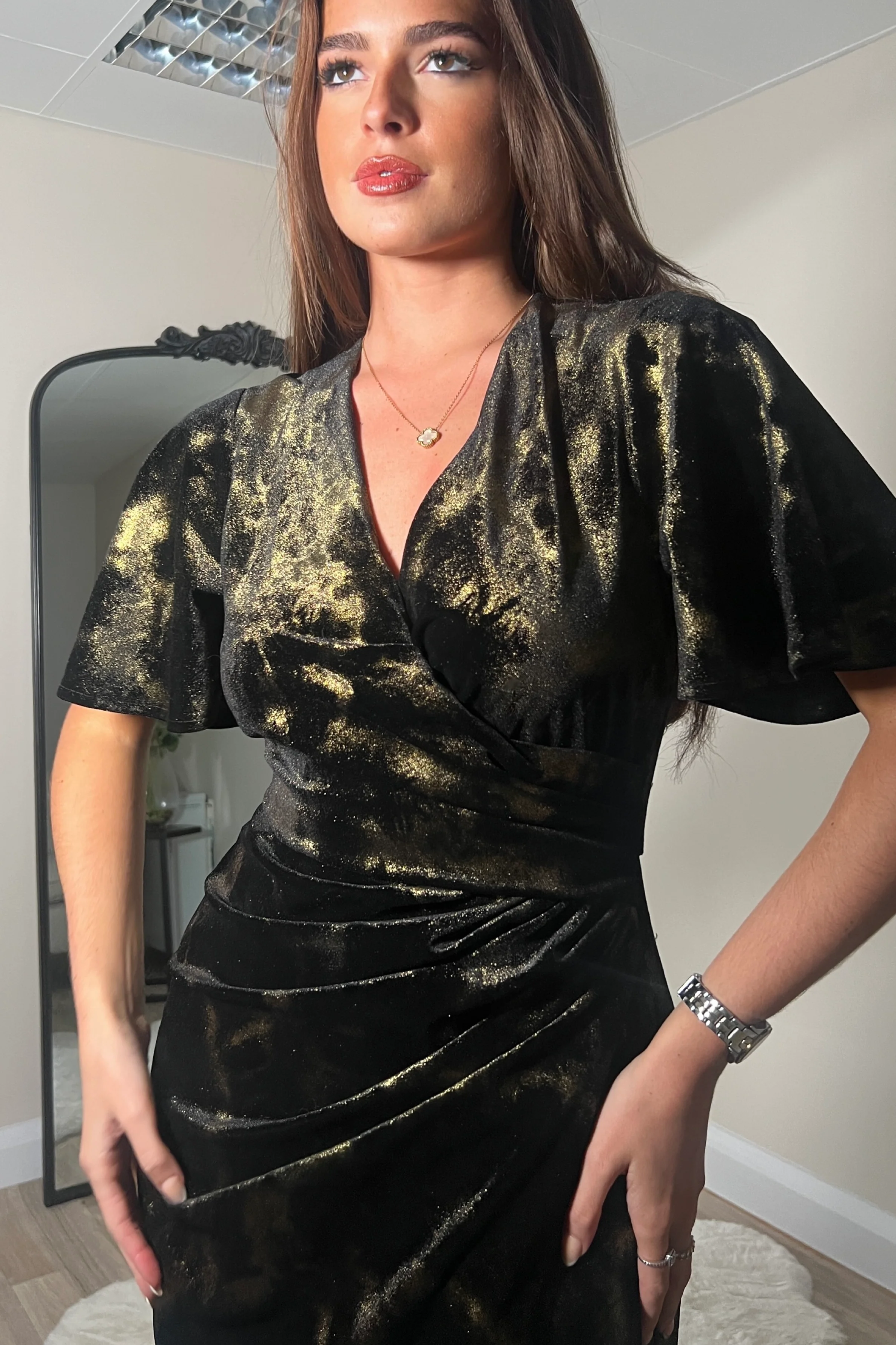 Natasha Angel Sleeve Wrap Midi Dress In Black And Gold Velvet - Image 2