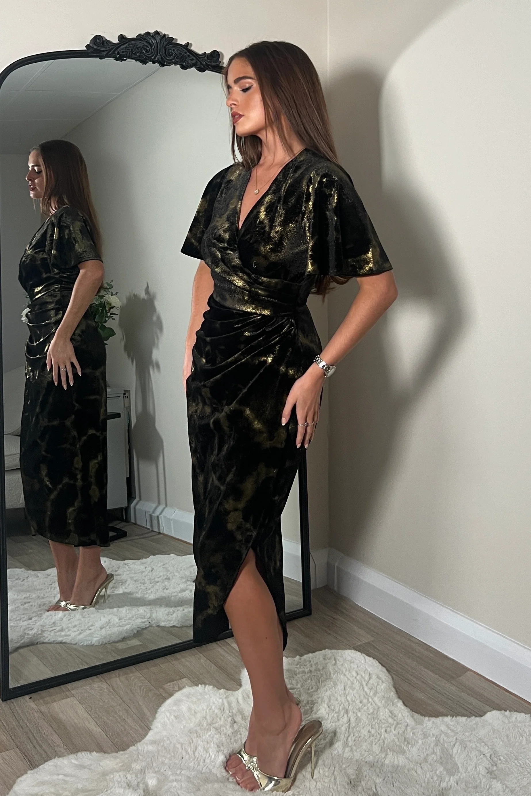 Natasha Angel Sleeve Wrap Midi Dress In Black And Gold Velvet - Image 3