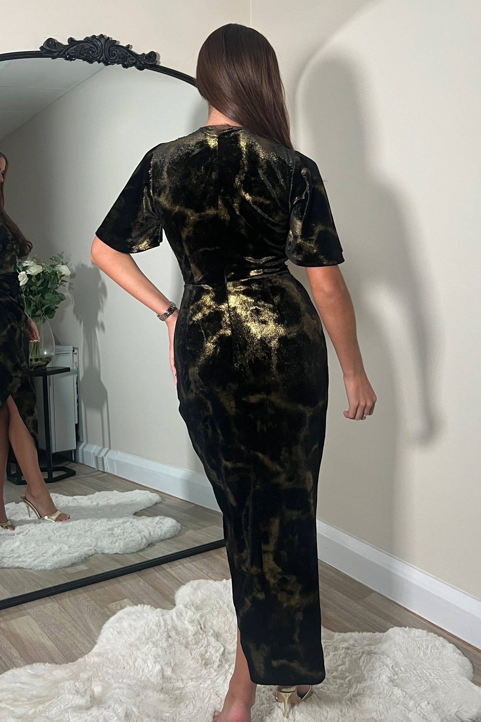 Natasha Angel Sleeve Wrap Midi Dress In Black And Gold Velvet - Image 4