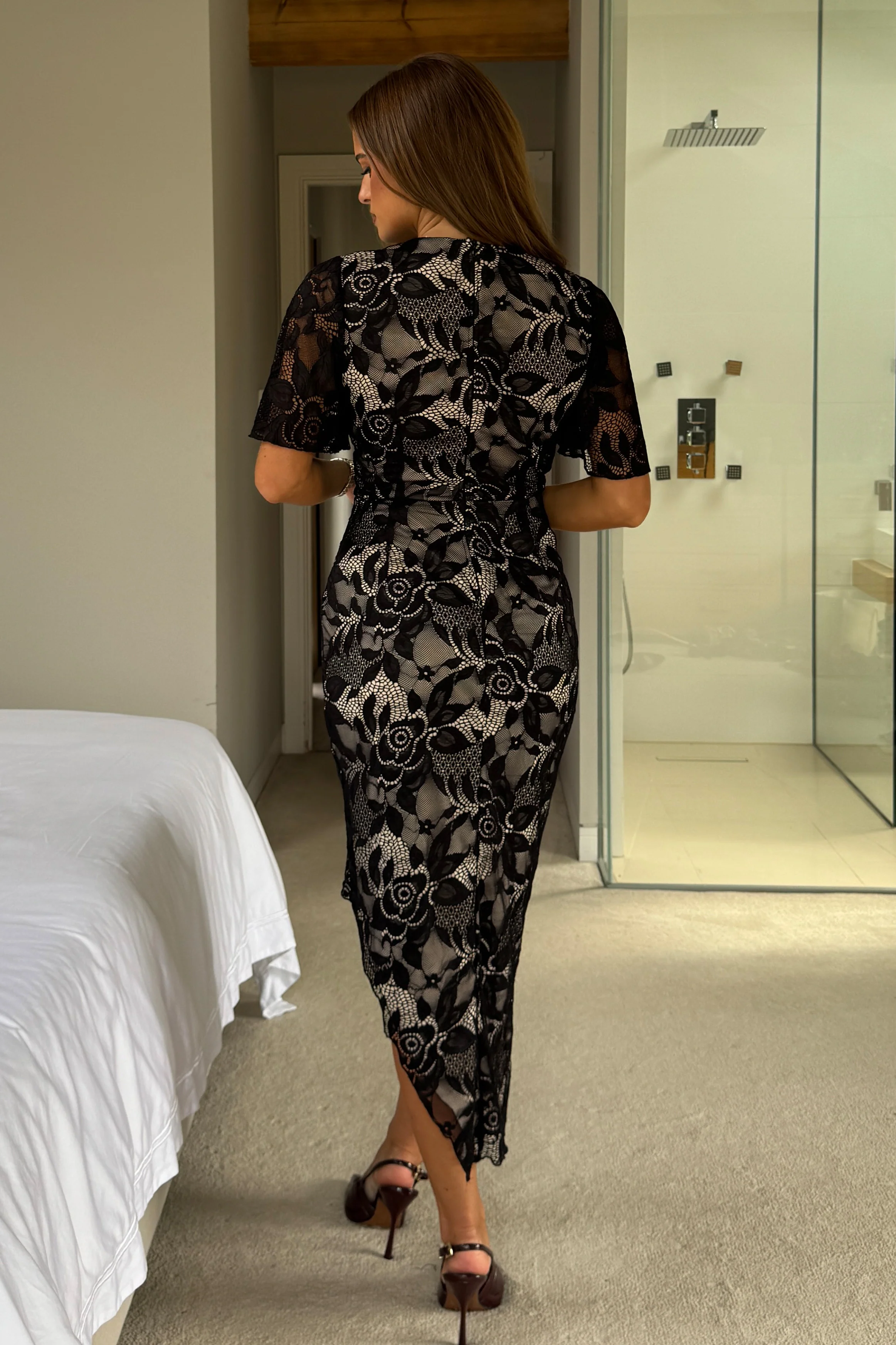 Natasha Angel Sleeve Wrap Midi Dress In Black And Nude - Image 5