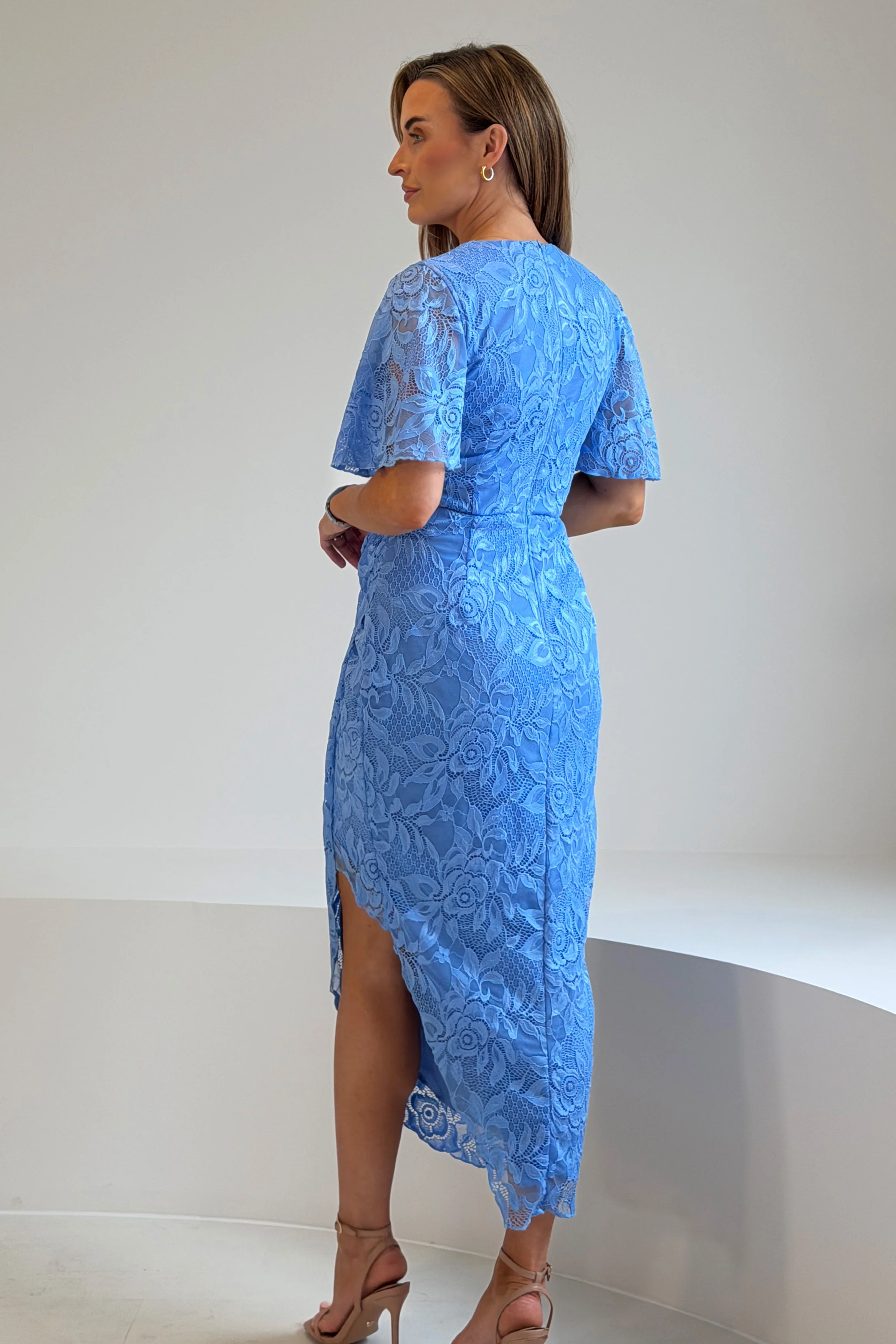 Natasha Angel Sleeve Wrap Midi Dress In Blue Lace - Image 5