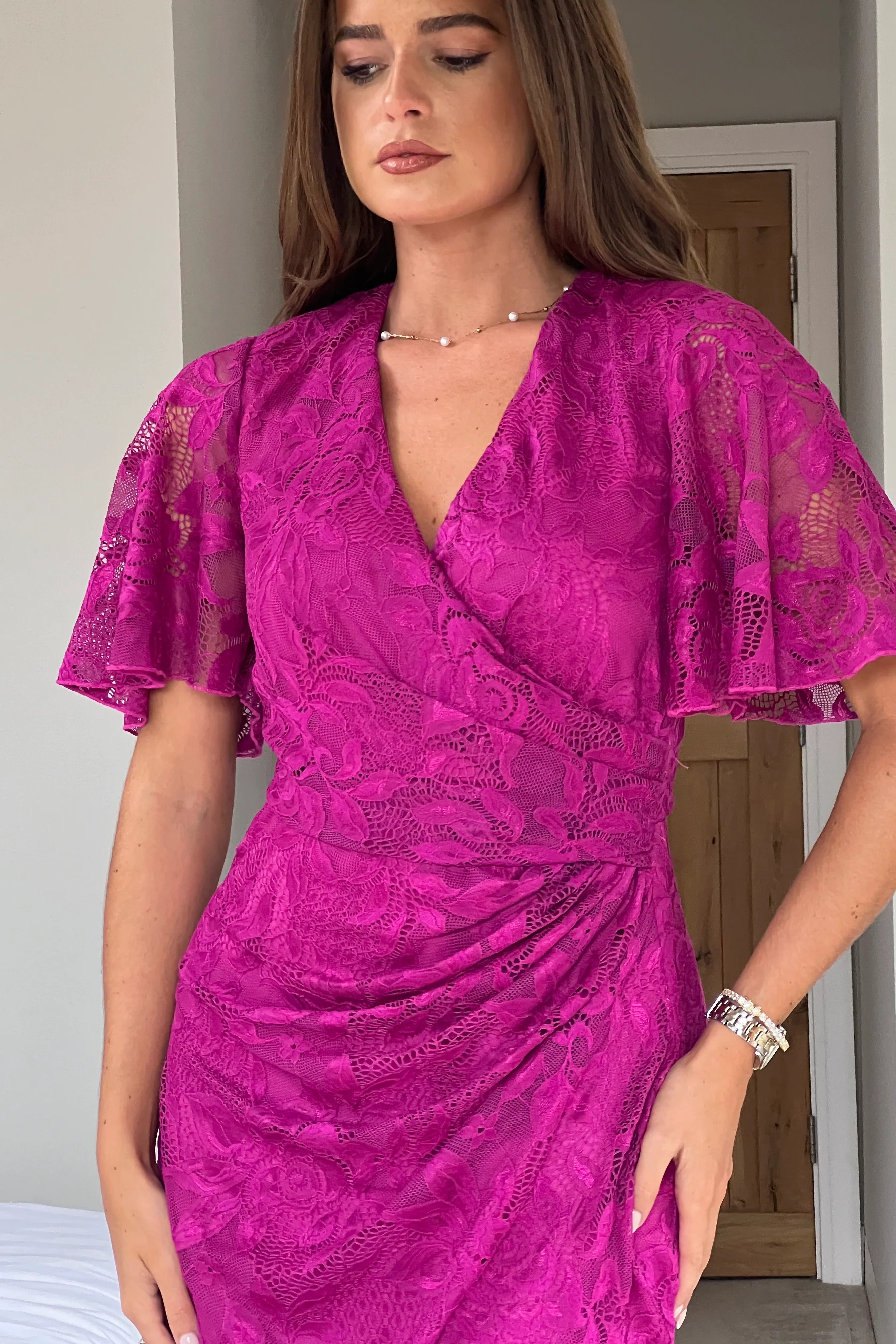 Natasha Angel Sleeve Wrap Midi Dress In Dark Fuschia - Image 2