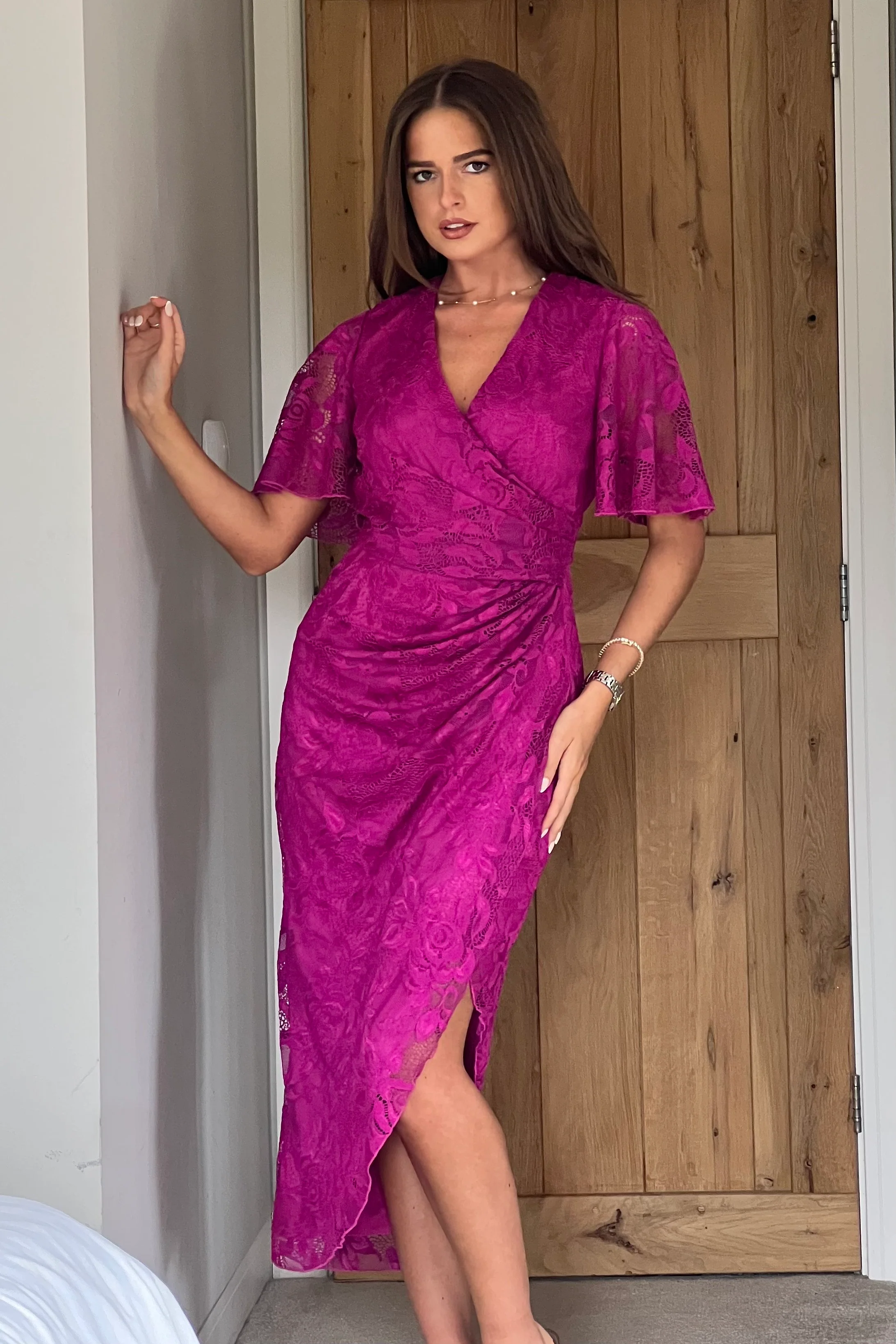 Natasha Angel Sleeve Wrap Midi Dress In Dark Fuschia - Image 3
