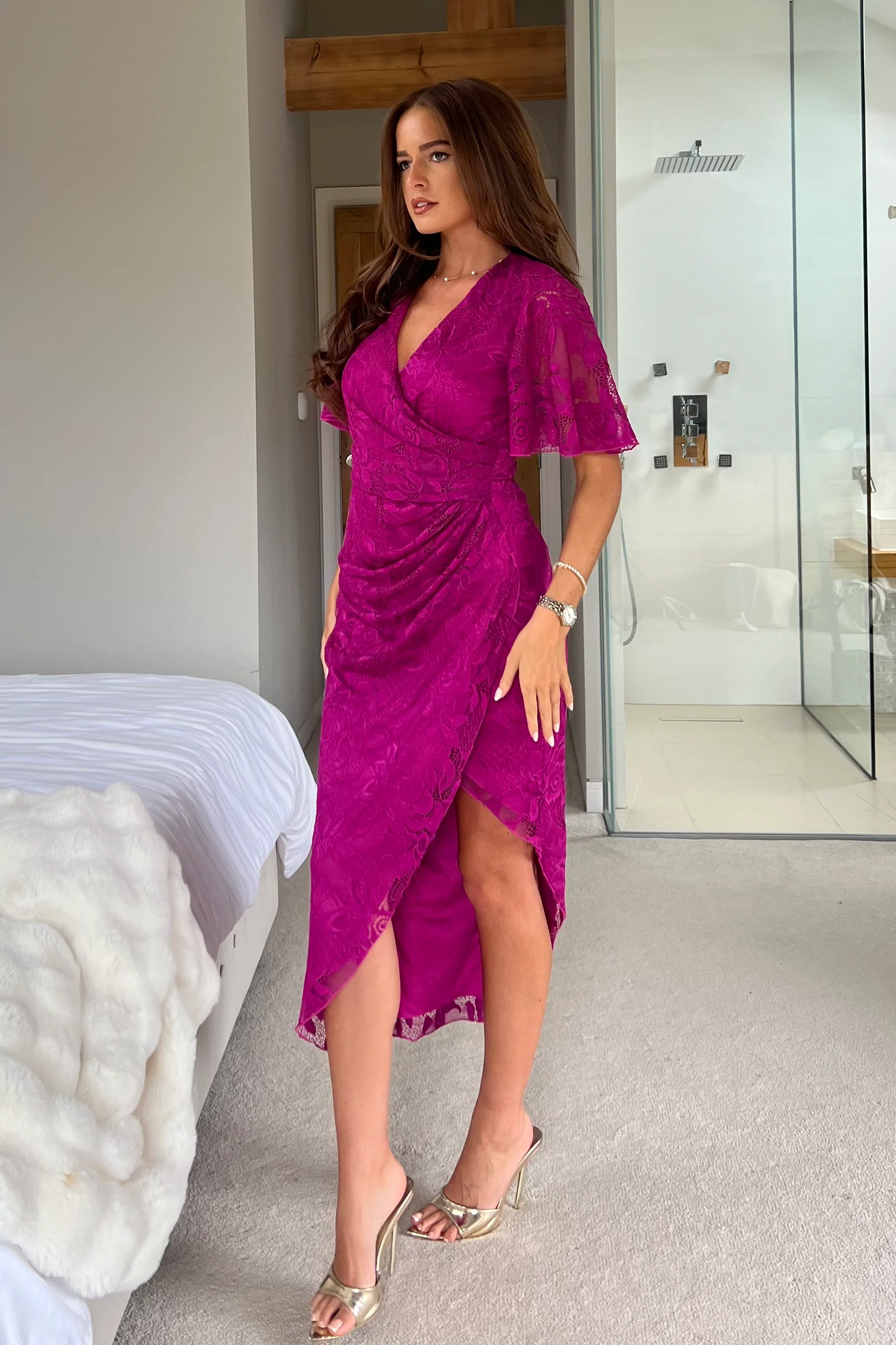 Natasha Angel Sleeve Wrap Midi Dress In Dark Fuschia - Image 5