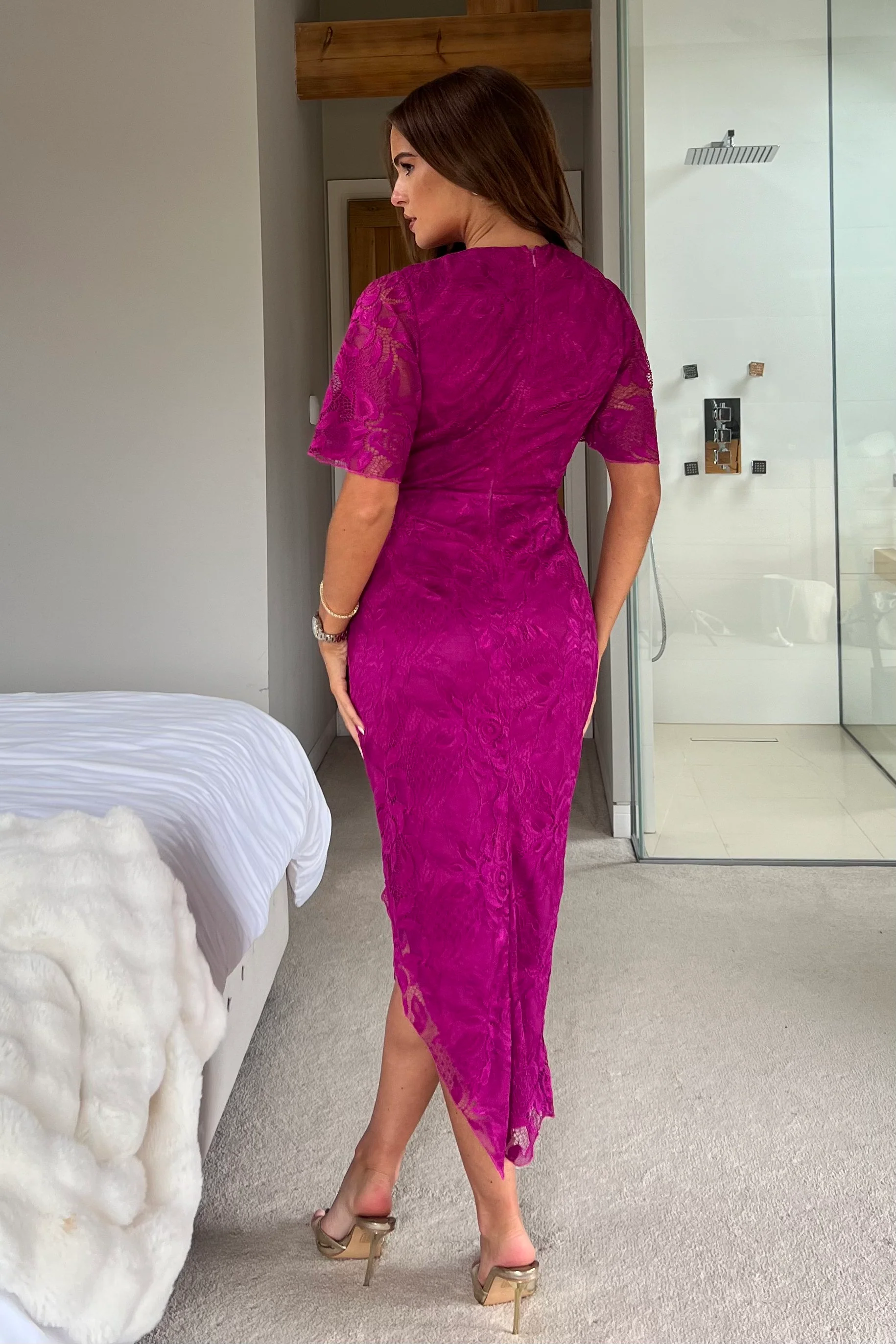 Natasha Angel Sleeve Wrap Midi Dress In Dark Fuschia - Image 6