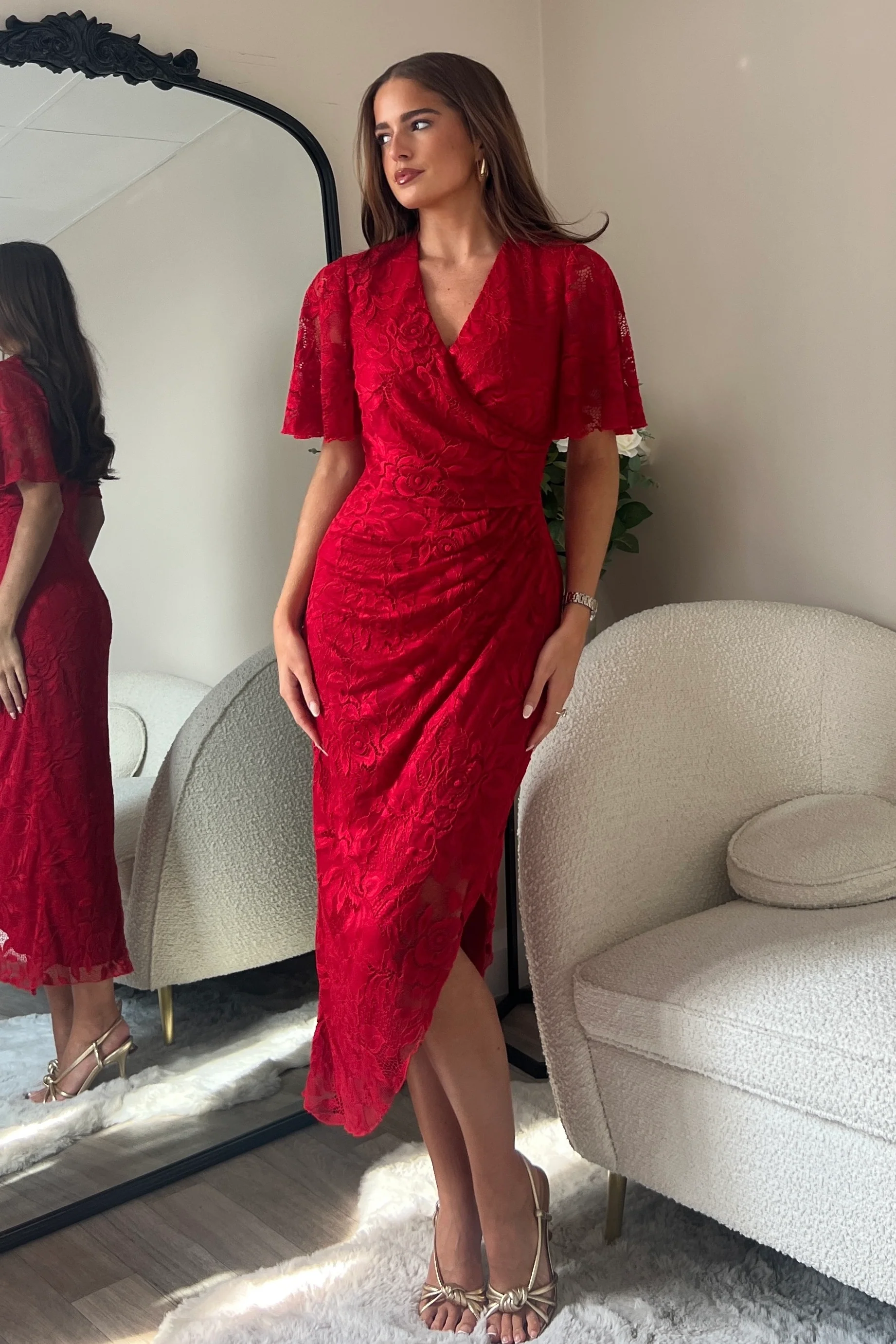 Natasha Angel Sleeve Wrap Midi Dress In Red Lace - Image 3