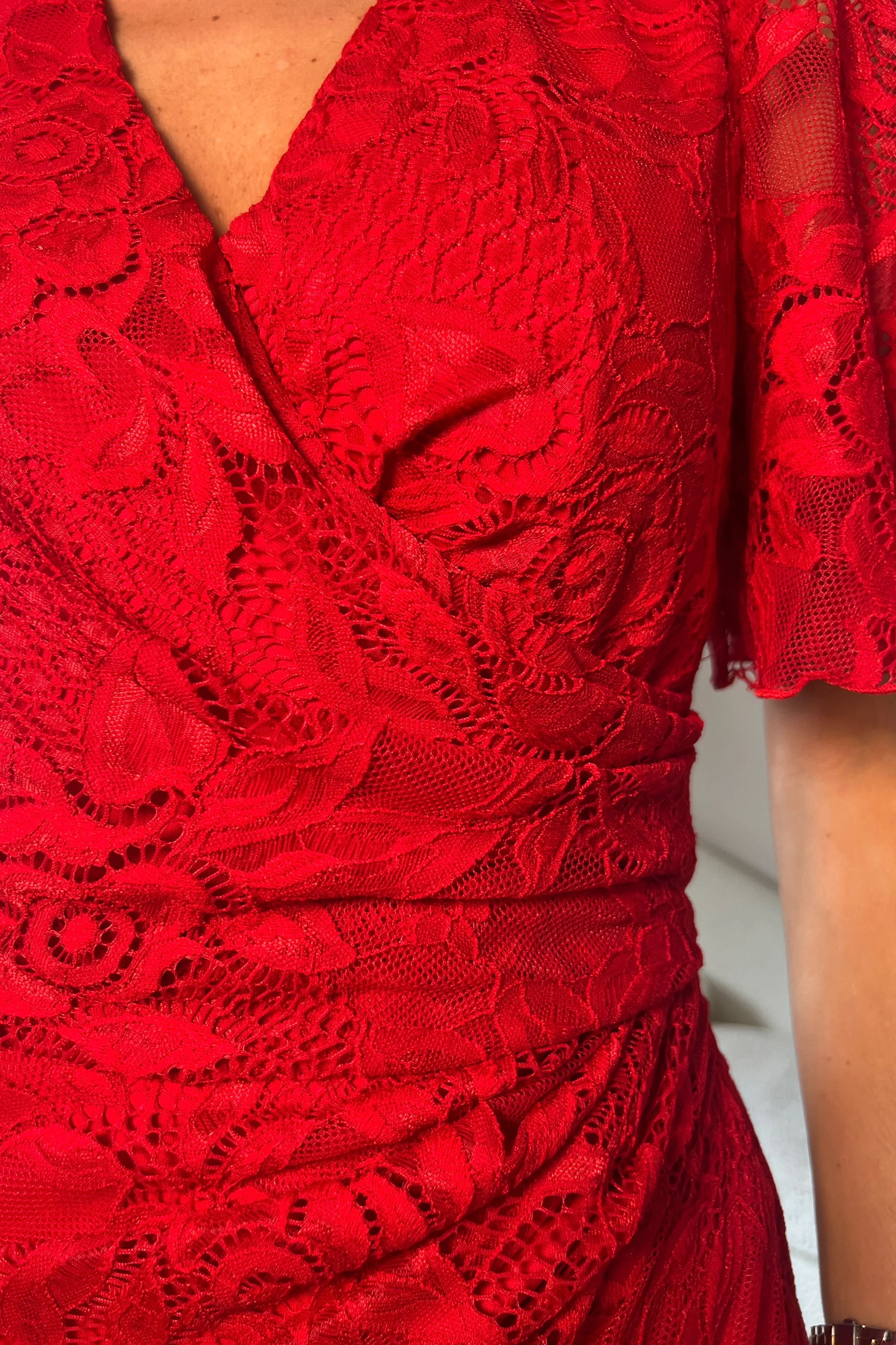 Natasha Angel Sleeve Wrap Midi Dress In Red Lace - Image 4