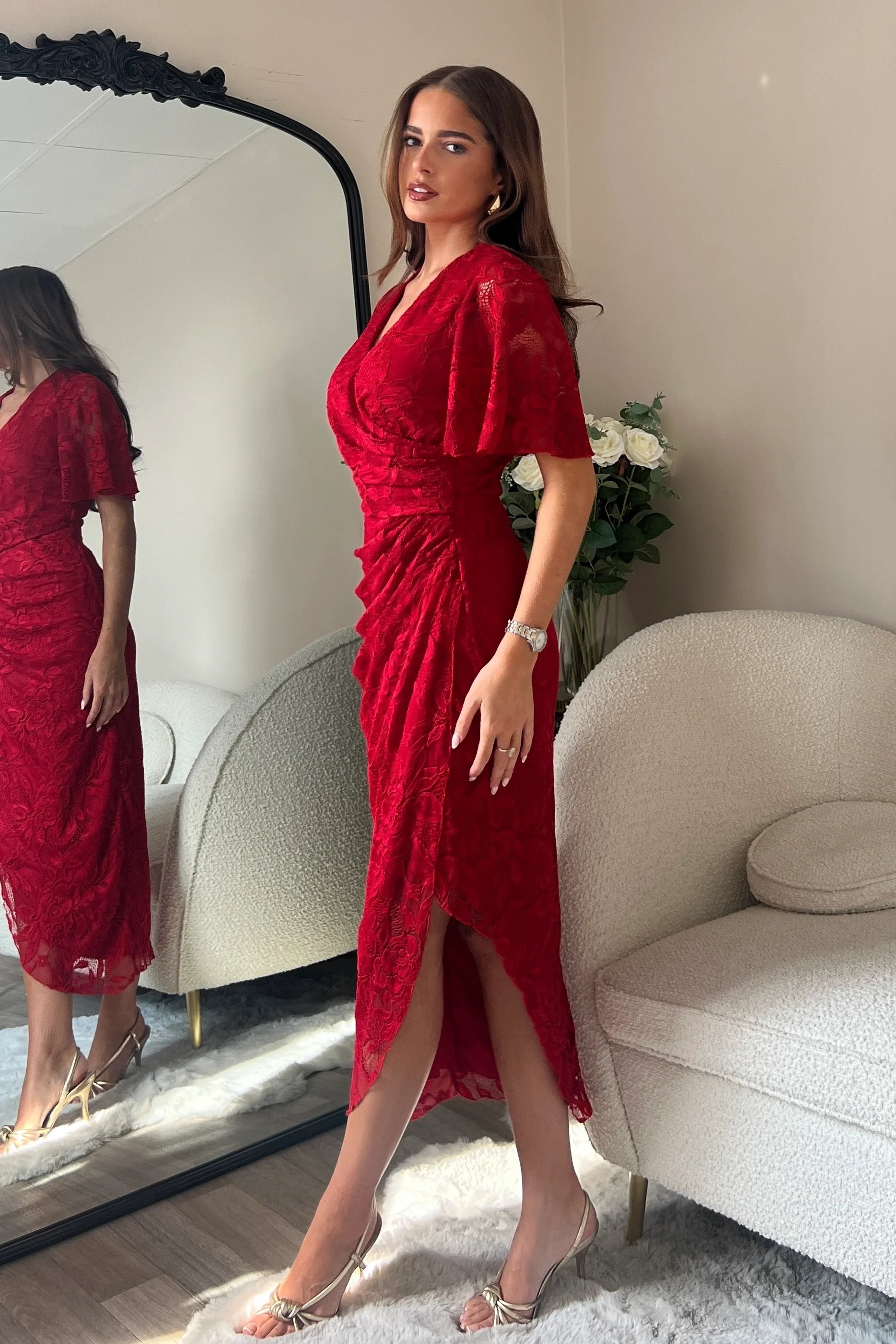 Natasha Angel Sleeve Wrap Midi Dress In Red Lace - Image 5