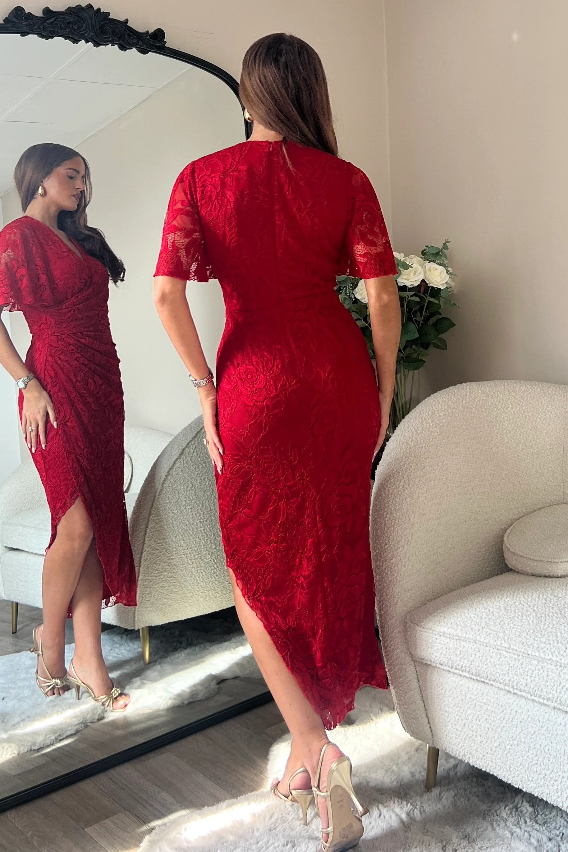 Natasha Angel Sleeve Wrap Midi Dress In Red Lace - Image 6