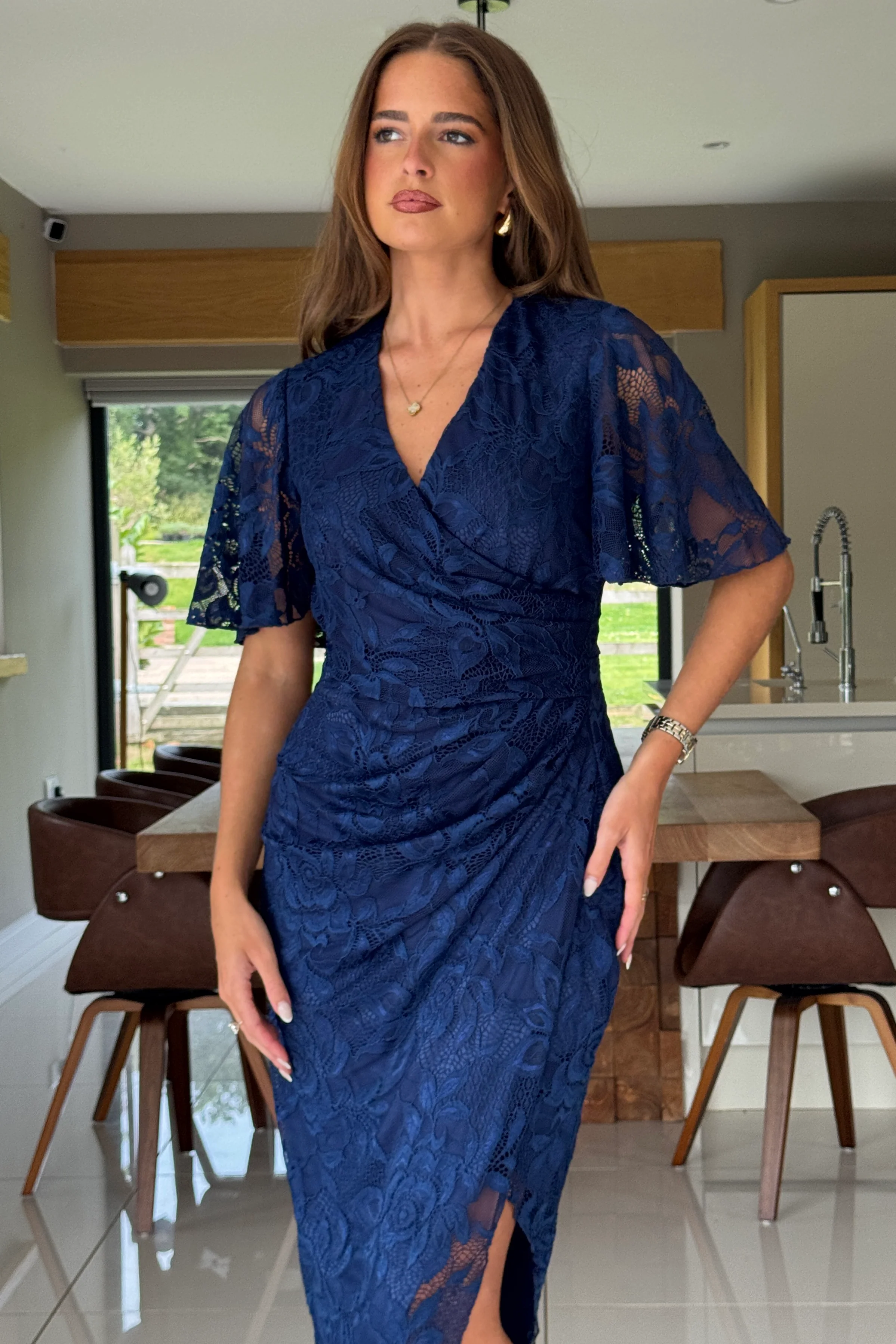 Natasha Angel Sleeve Wrap Midi Dress In Navy Lace - Image 3