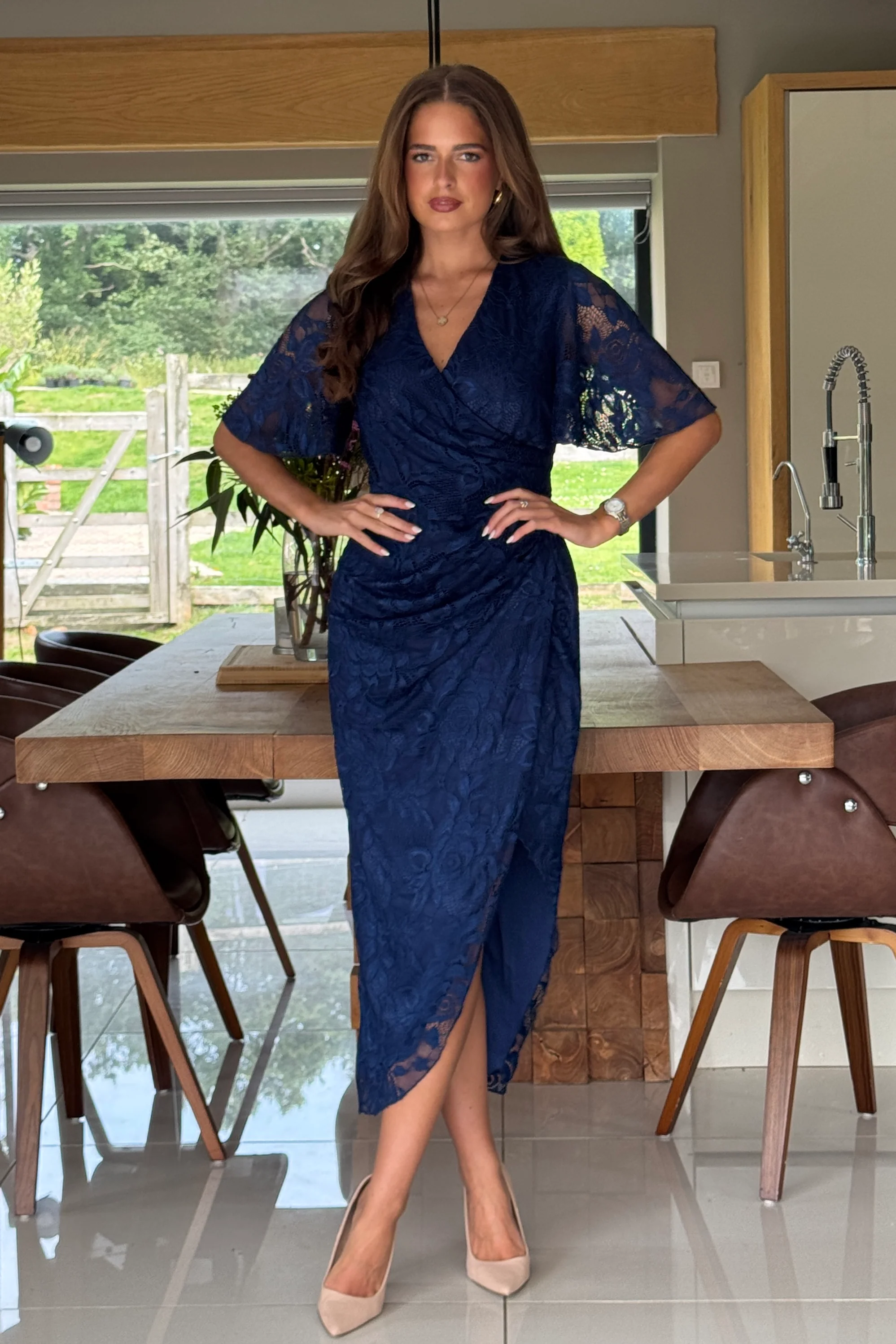 Natasha Angel Sleeve Wrap Midi Dress In Navy Lace - Image 4