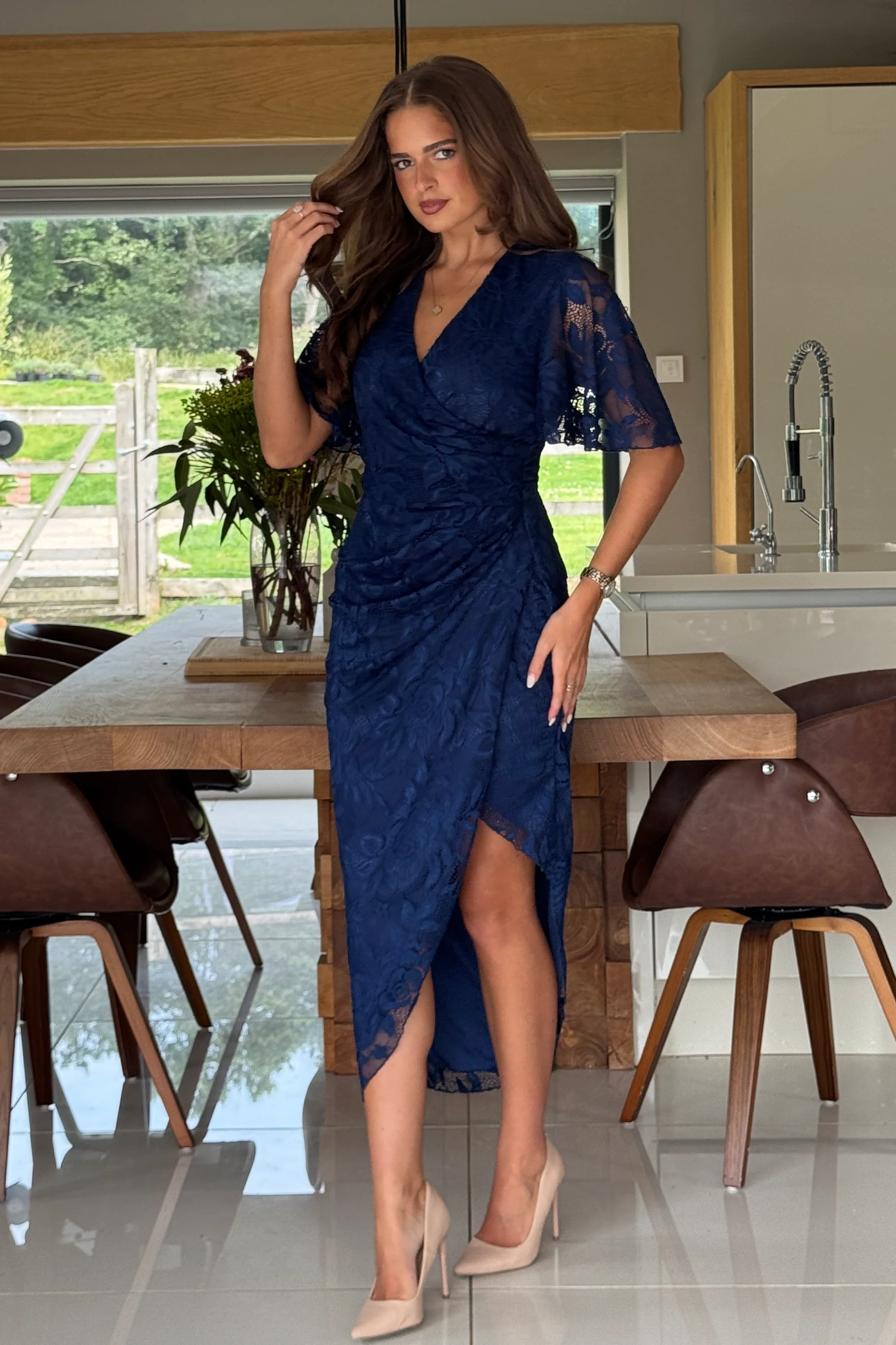 Natasha Angel Sleeve Wrap Midi Dress In Navy Lace - Image 5