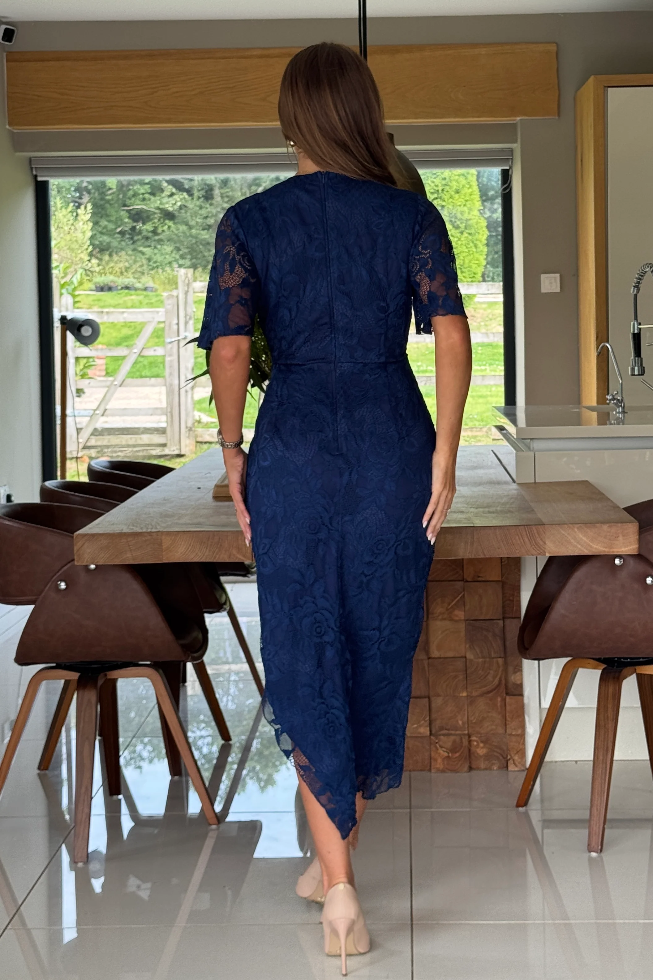 Natasha Angel Sleeve Wrap Midi Dress In Navy Lace - Image 6