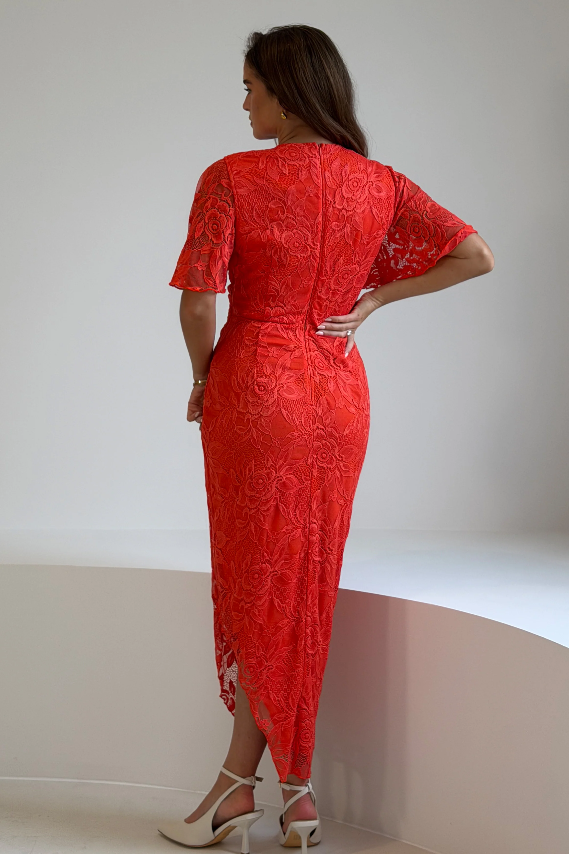 Natasha Angel Sleeve Wrap Midi Dress In Orange Lace - Image 5