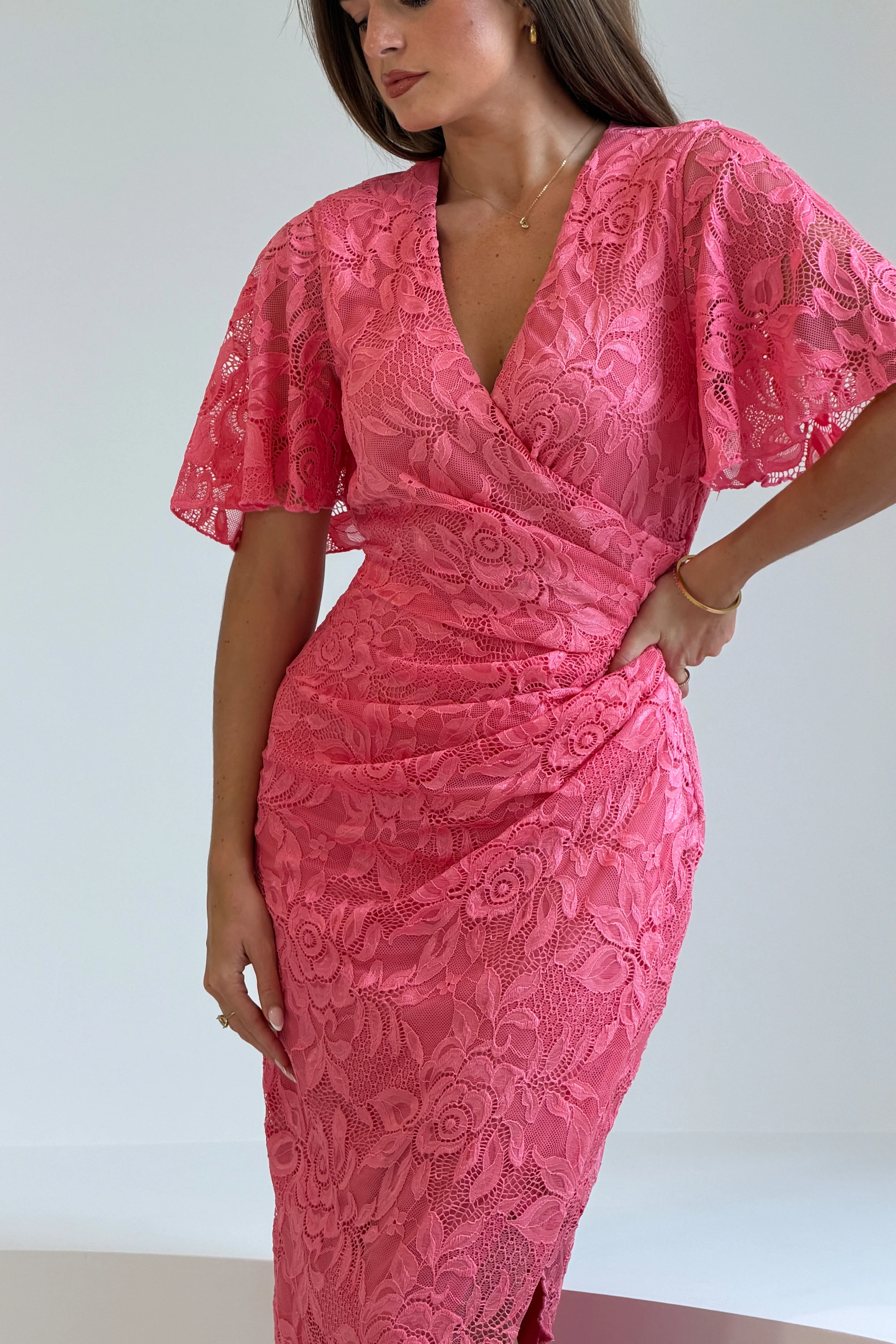 Natasha Angel Sleeve Wrap Midi Dress In Pink Lace - Image 2