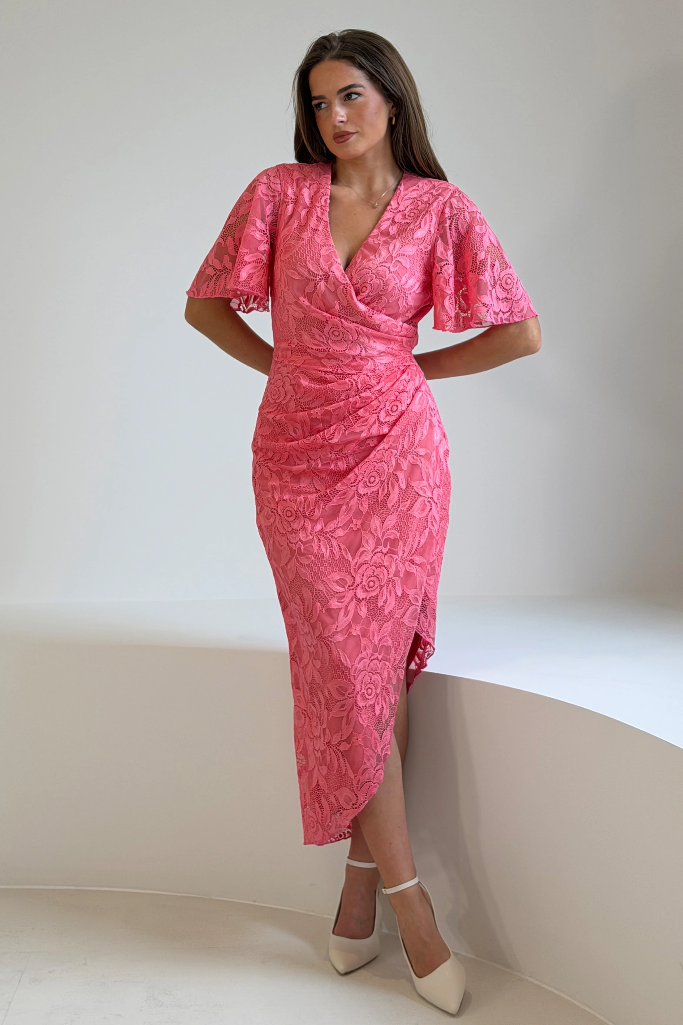 Natasha Angel Sleeve Wrap Midi Dress In Pink Lace - Image 3