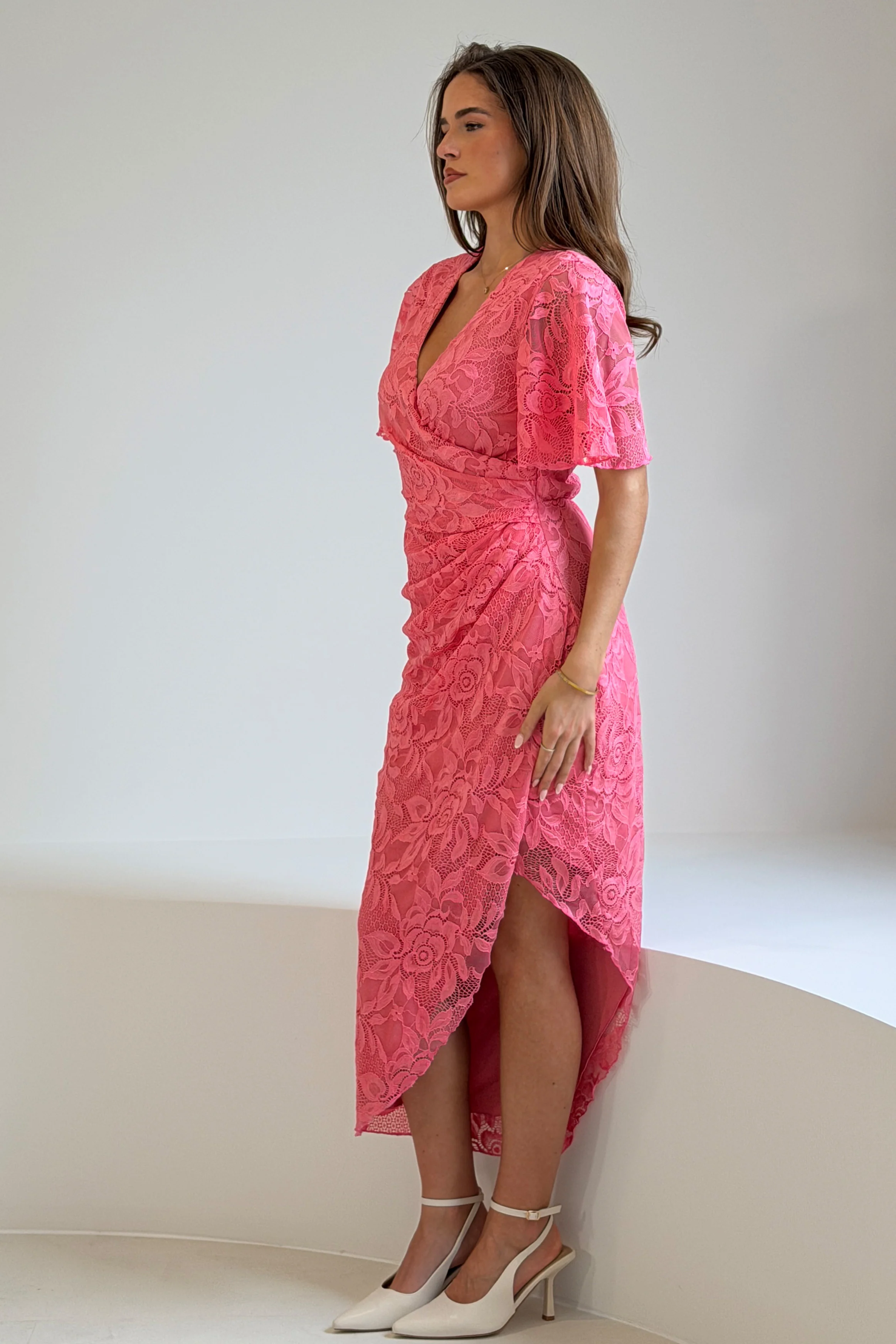 Natasha Angel Sleeve Wrap Midi Dress In Pink Lace - Image 4