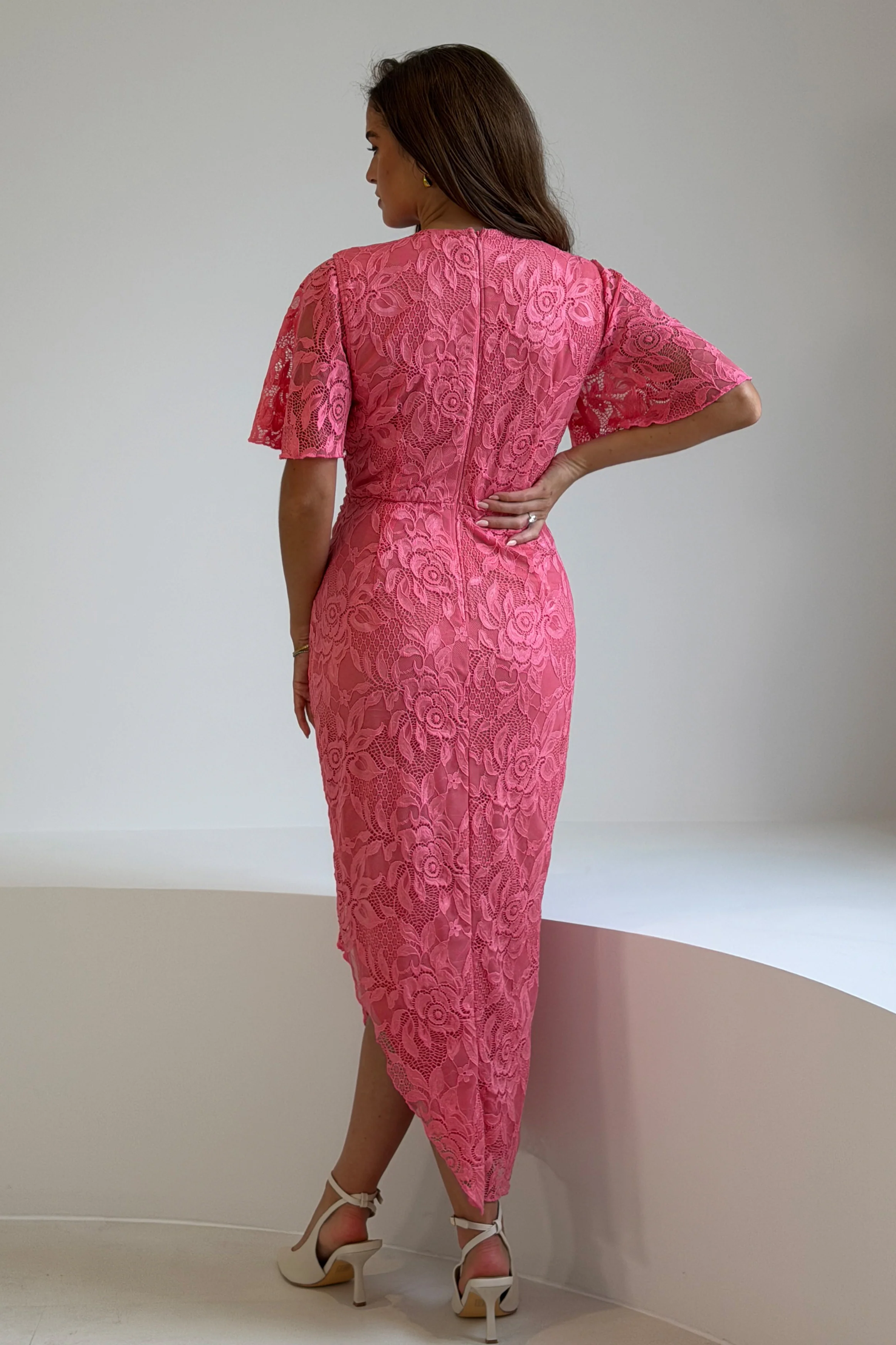 Natasha Angel Sleeve Wrap Midi Dress In Pink Lace - Image 5