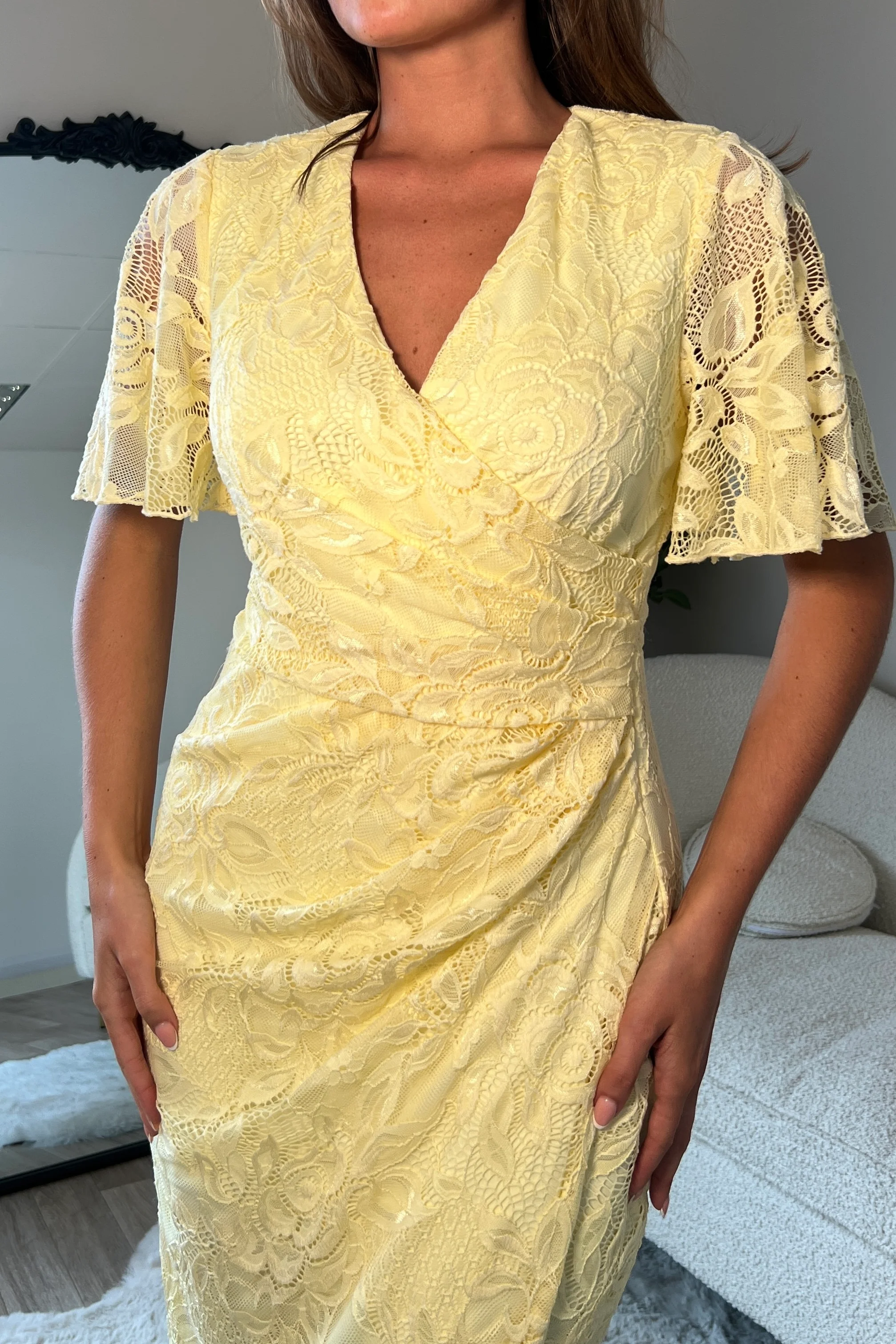 Natasha Angel Sleeve Wrap Midi Dress In Yellow Lace - Image 2