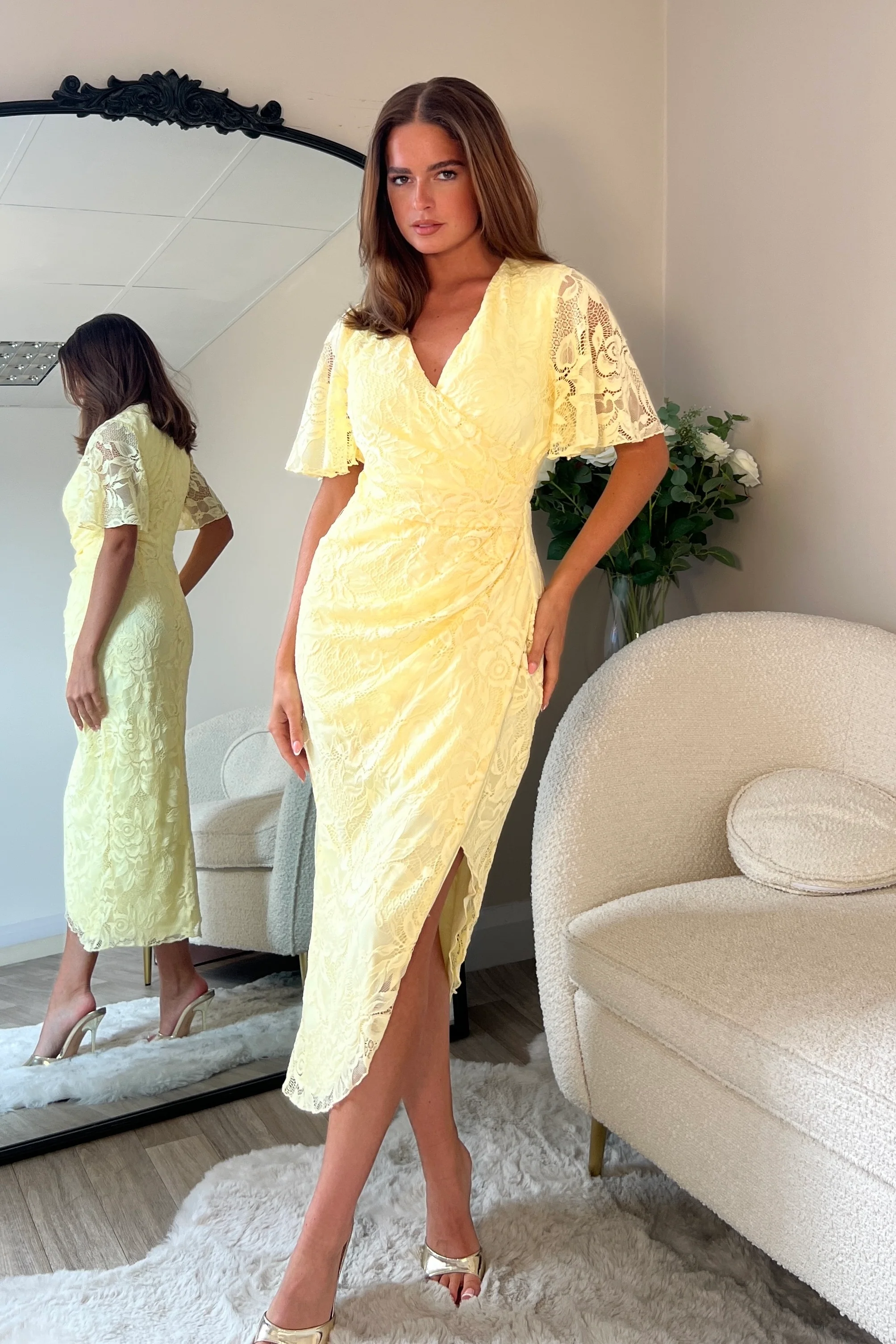 Natasha Angel Sleeve Wrap Midi Dress In Yellow Lace - Image 4