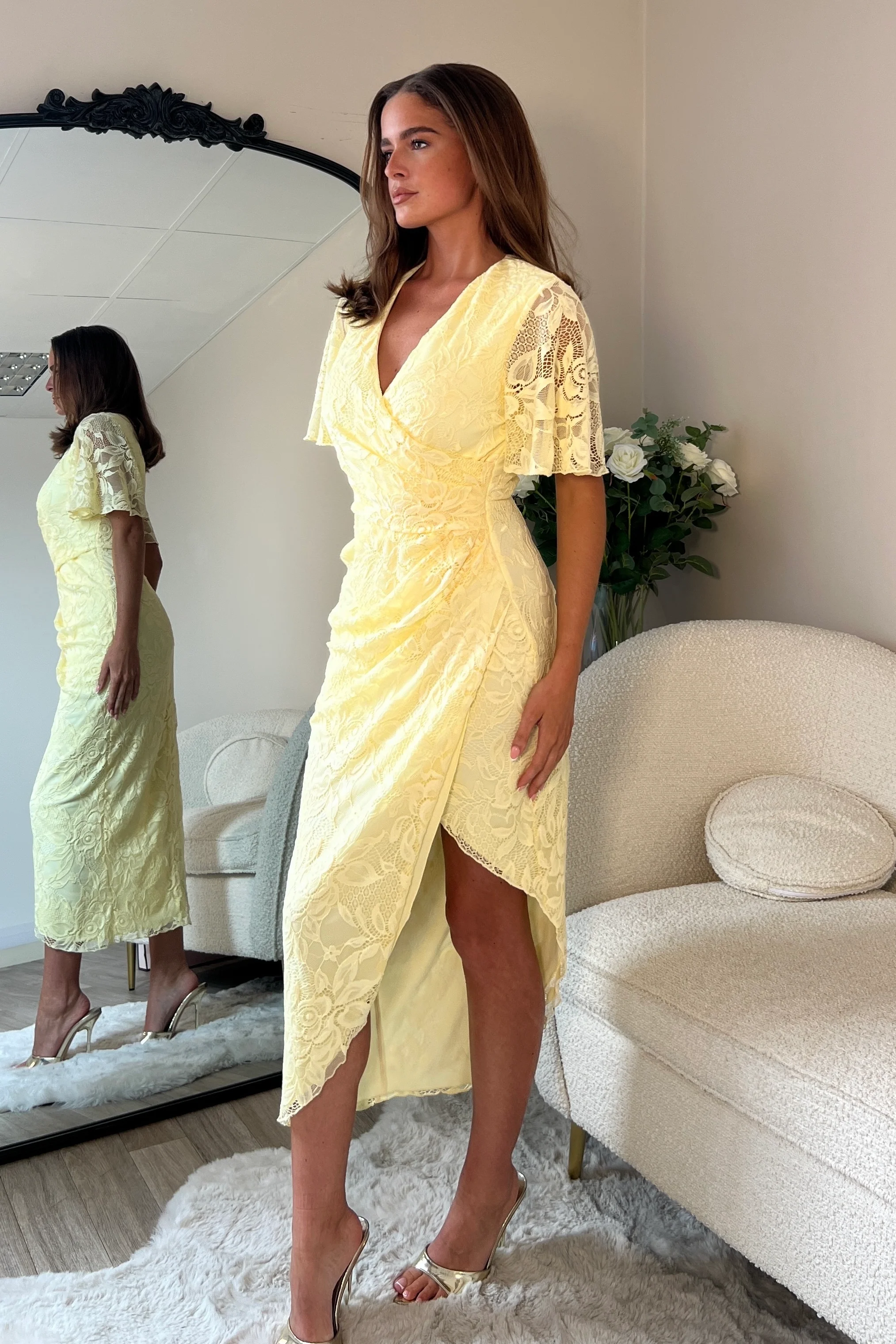 Natasha Angel Sleeve Wrap Midi Dress In Yellow Lace - Image 5