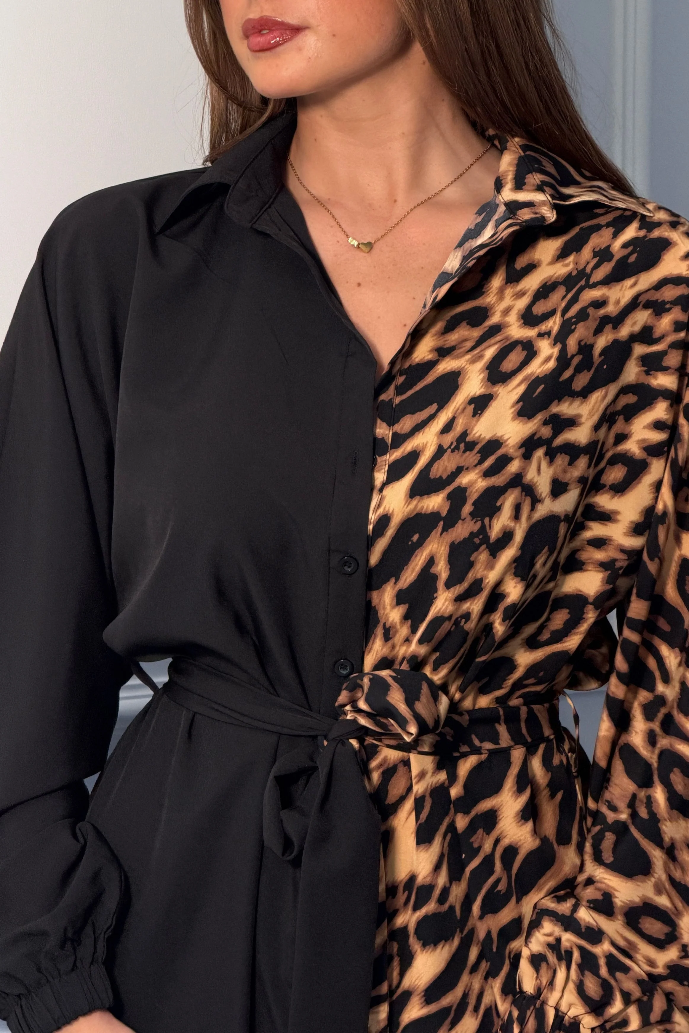Nell Contrast Print Mini Shirt Dress In Leopard - Image 3