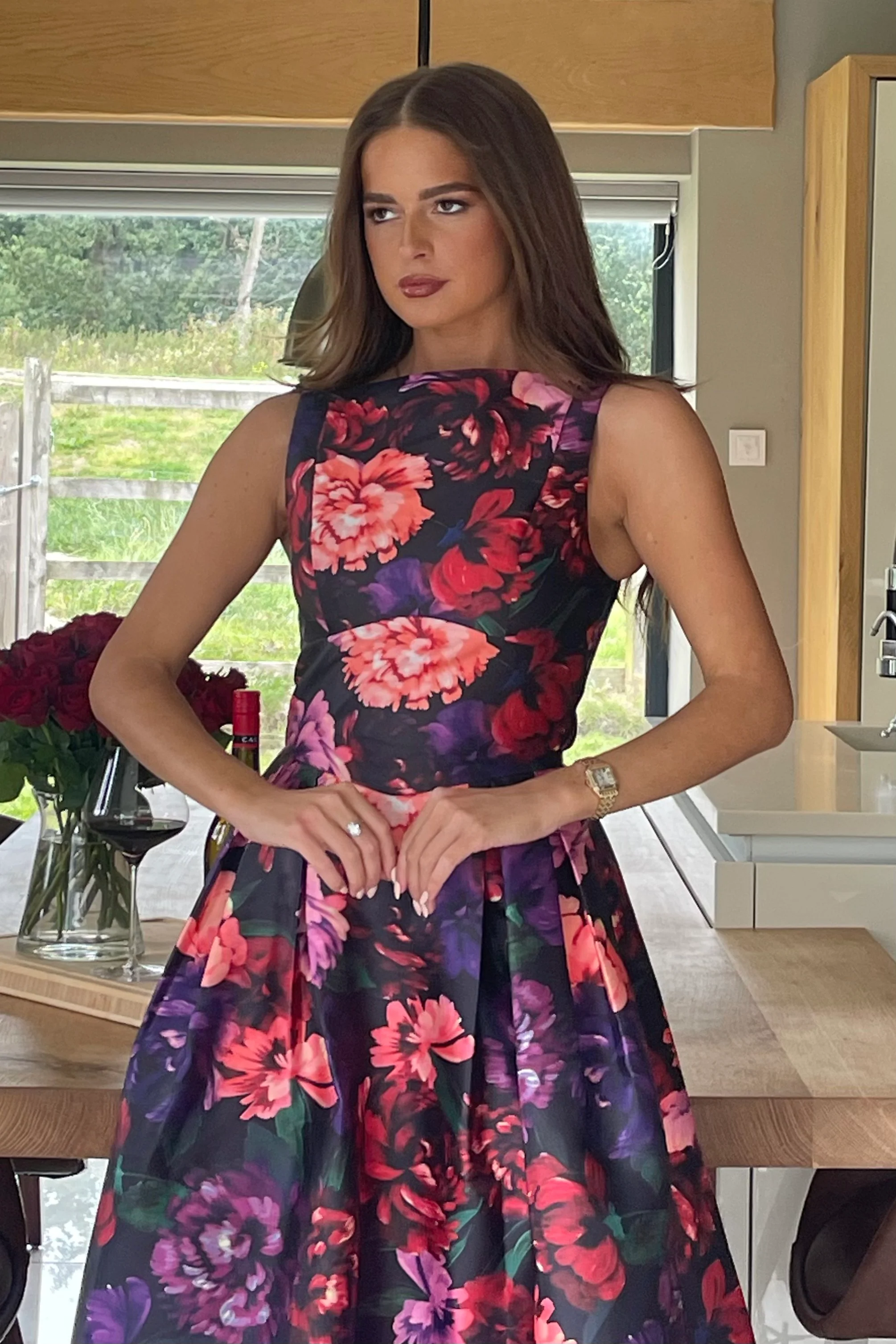 Nesta Boat Neck Skater Midi Dress Black Floral - Image 3