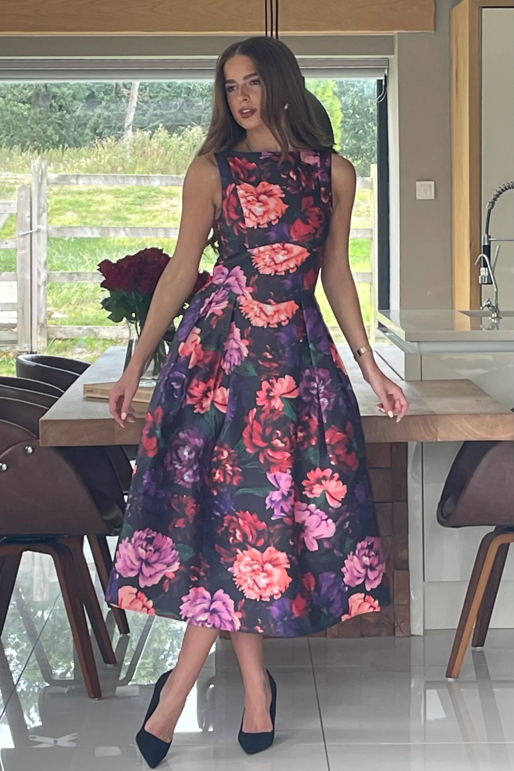 Nesta Boat Neck Skater Midi Dress Black Floral - Image 4