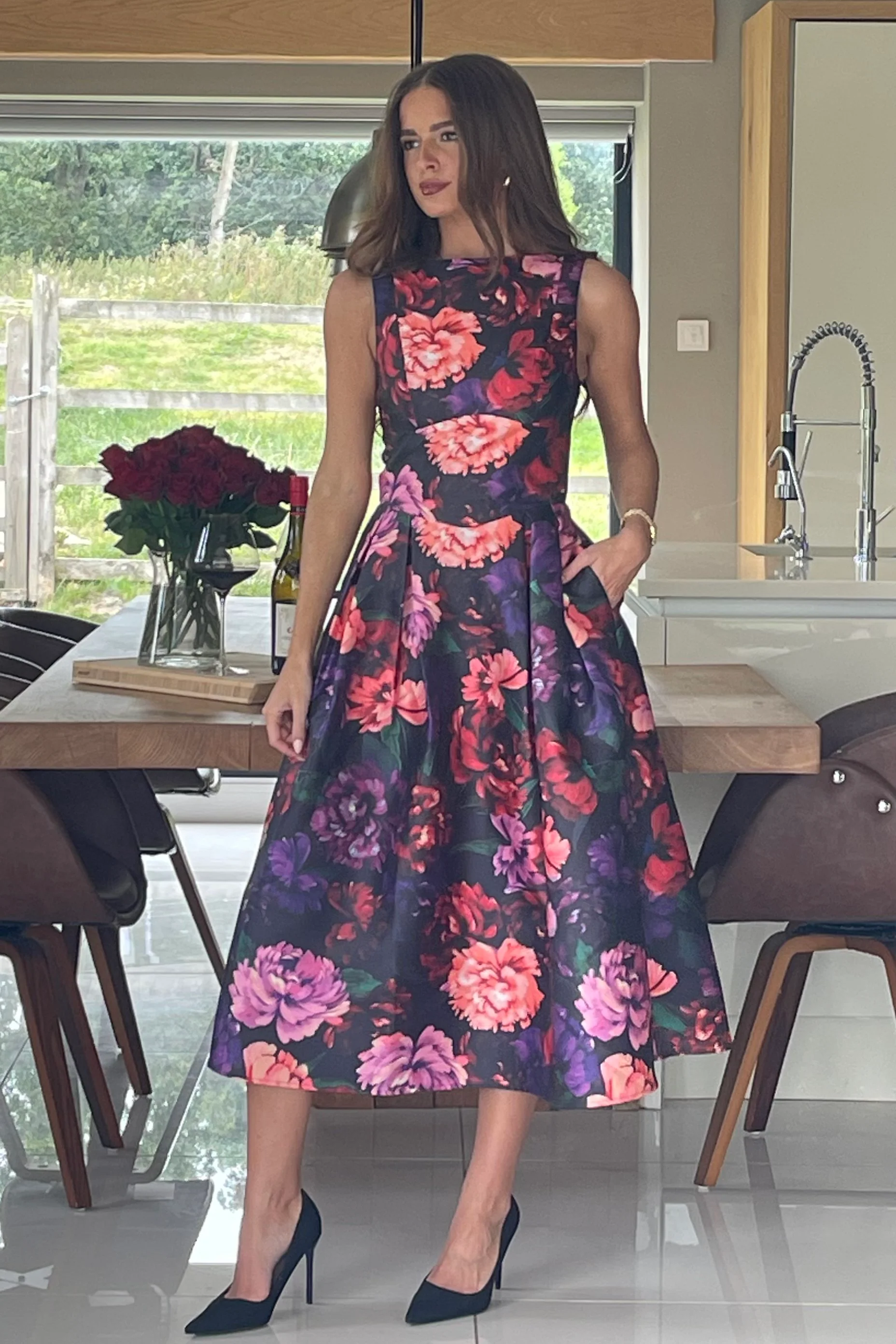 Nesta Boat Neck Skater Midi Dress Black Floral - Image 5