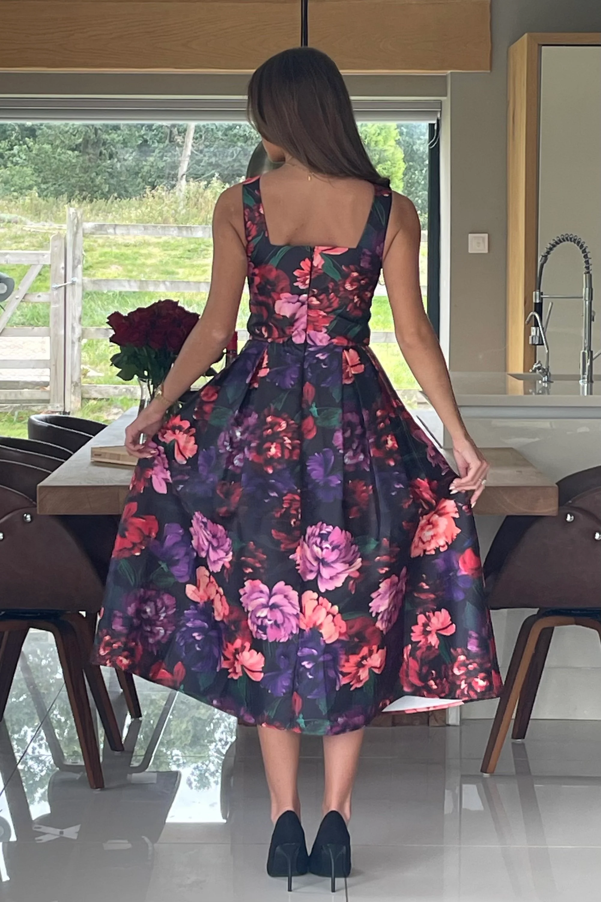 Nesta Boat Neck Skater Midi Dress Black Floral - Image 6
