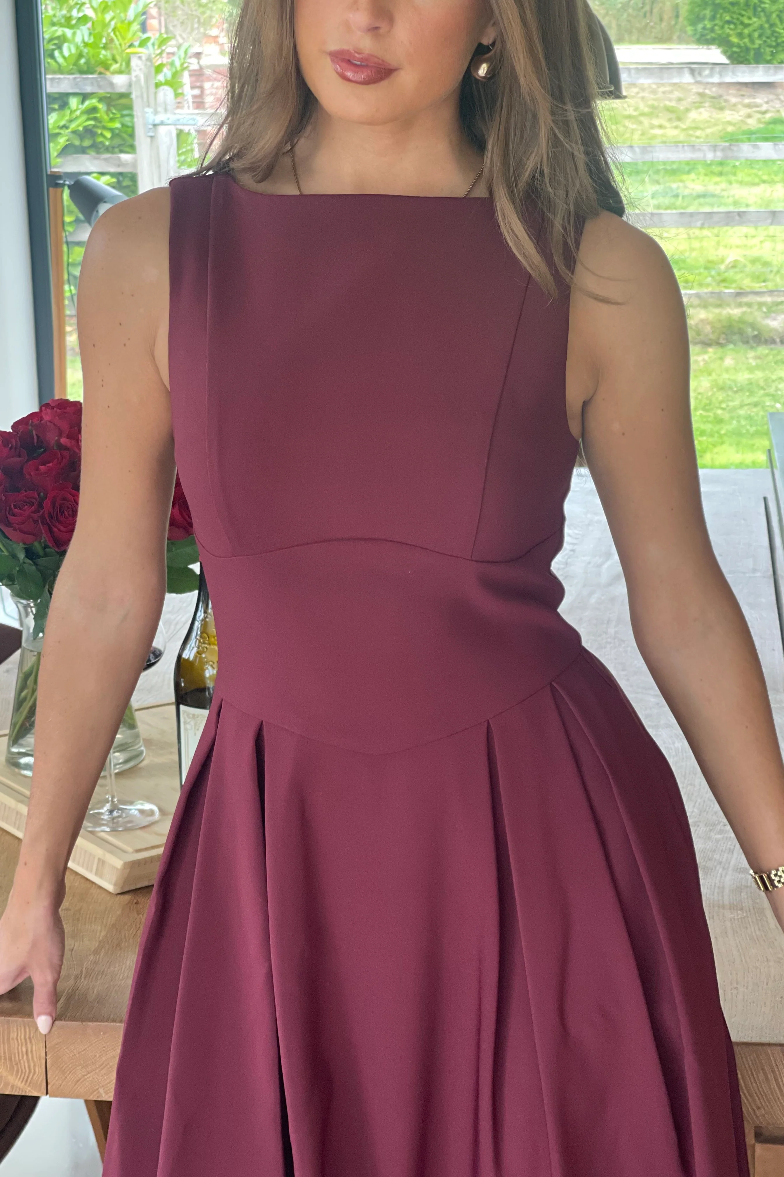 Nesta Boat Neck Skater Midi Dress Berry - Image 2